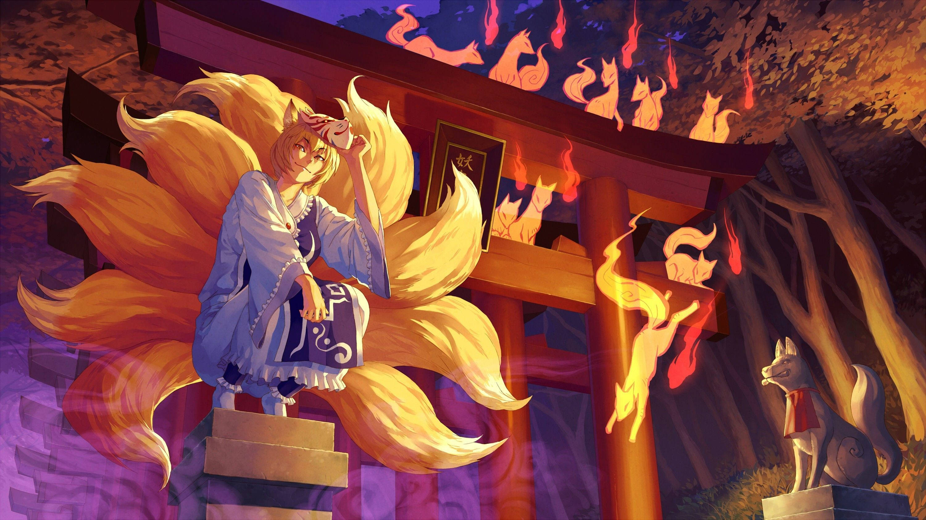 kitsune, nine-tailed fox spirit, blue robes, 2K Desktop Wallpaper