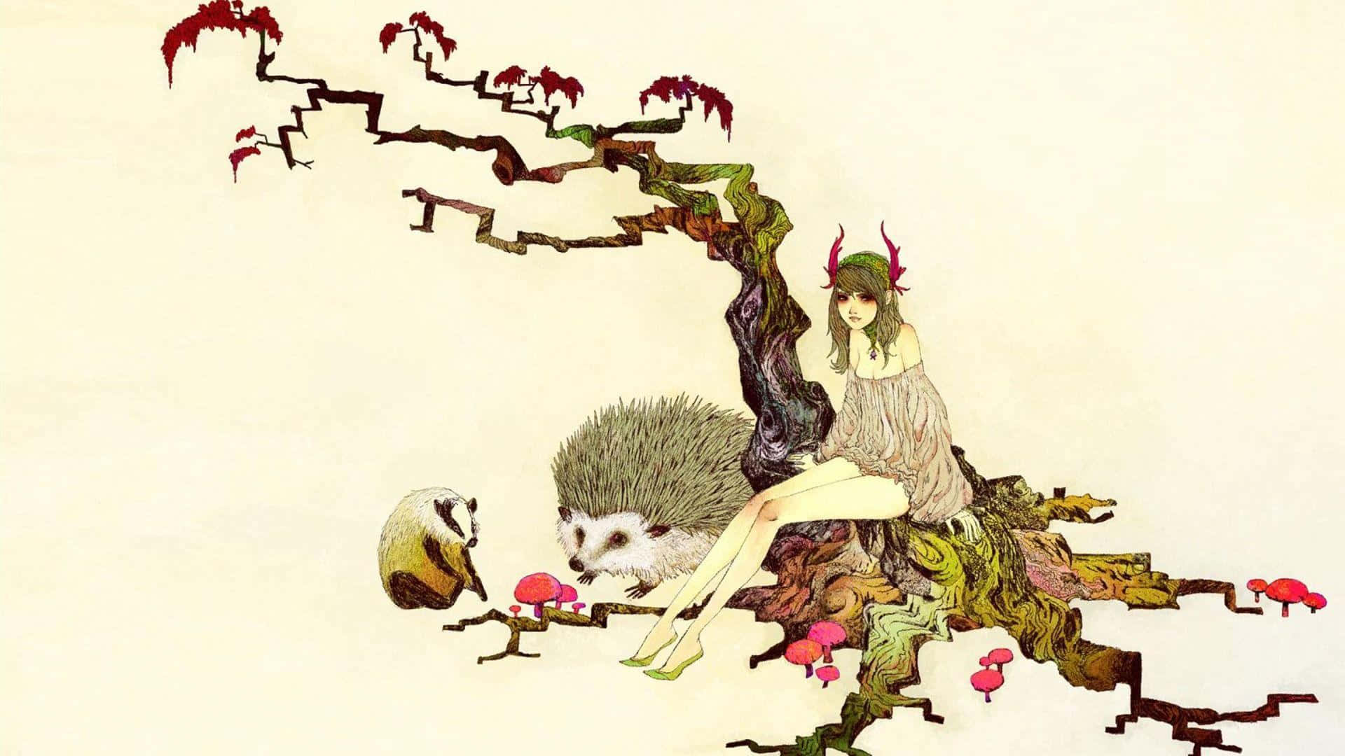 girl with antlers, hedgehog, gnarled tree branch, Full HD Desktop Wallpaper