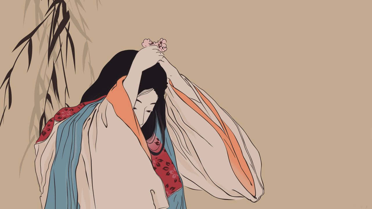 Traditional Japanese Art, calligraphy, anime-style woman, HD Desktop Wallpaper