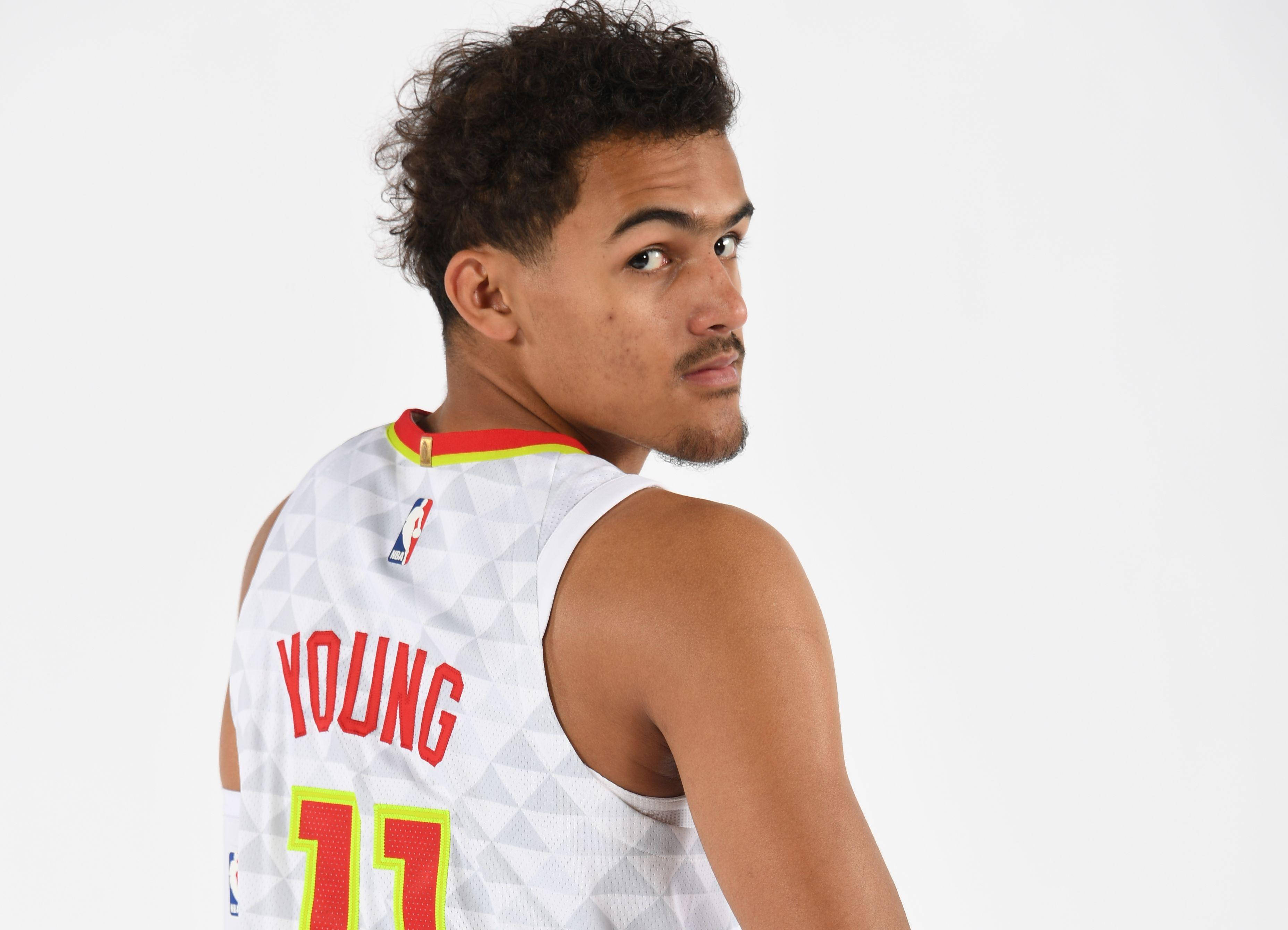 Trae Young, white jersey, red and yellow accents, 2K Desktop Wallpaper