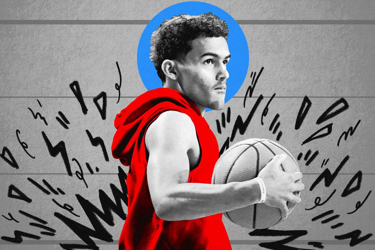 Trae Young, red hoodie, gray wall, SD Desktop Wallpaper