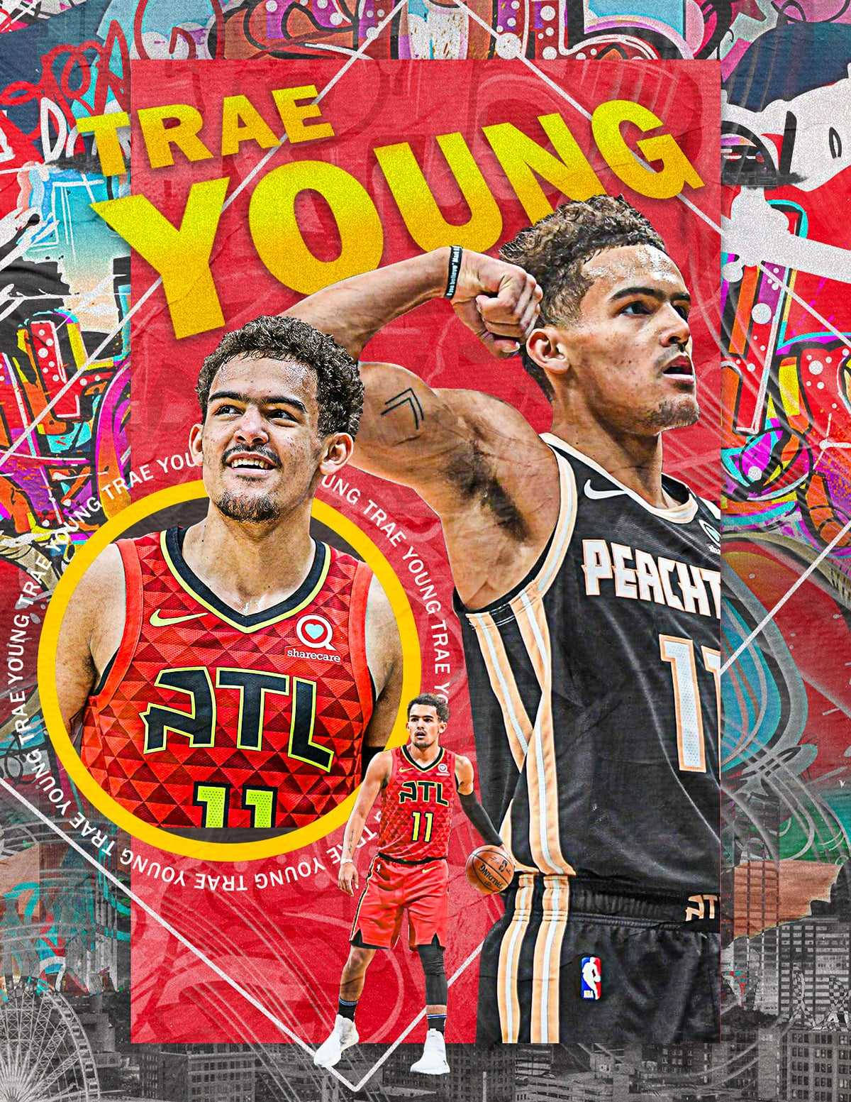Trae Young, red and black jerseys, graffiti-style background, HD Phone Wallpaper