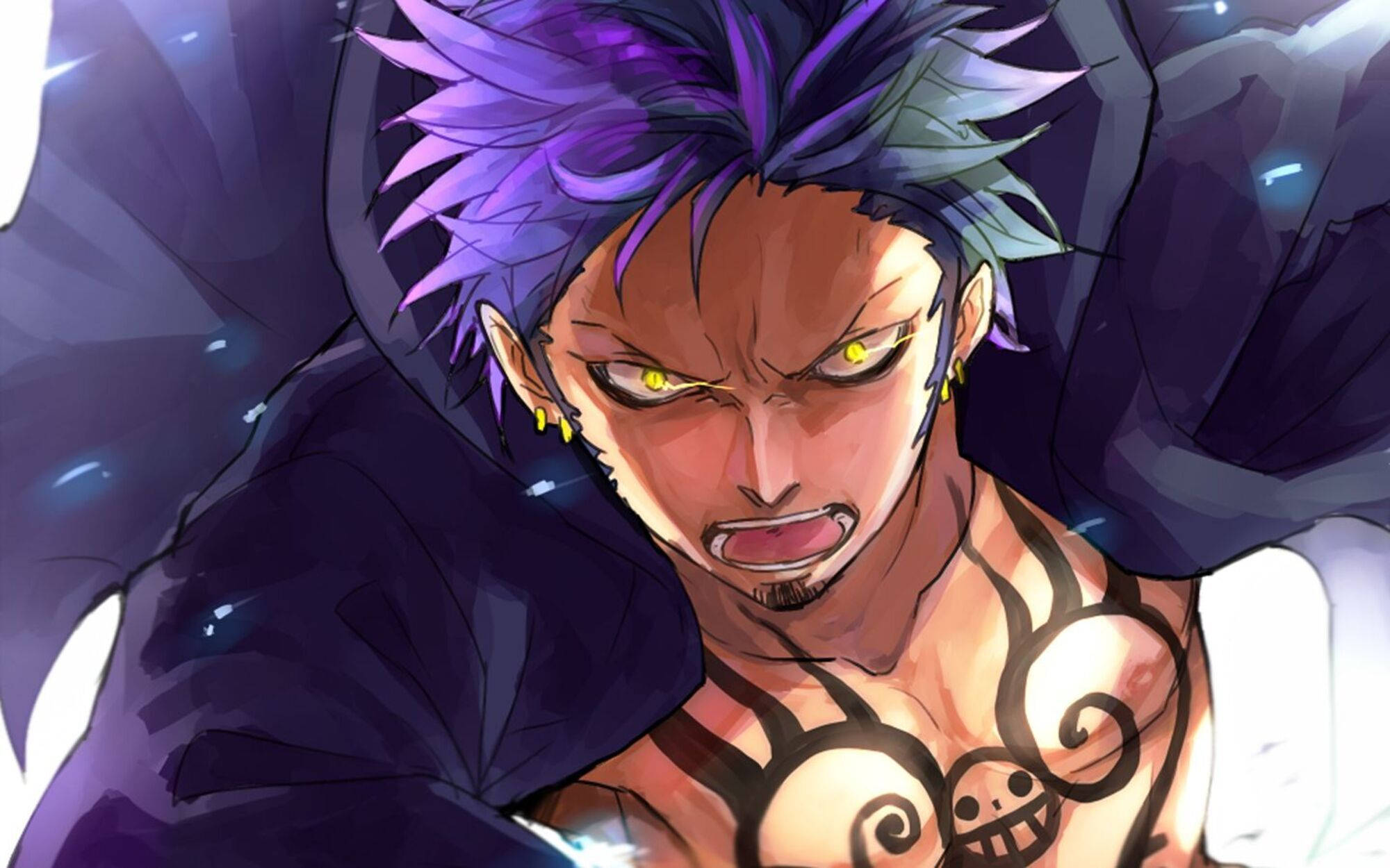Trafalgar Law, spiky purple hair, glowing yellow eyes, Full HD Desktop Wallpaper
