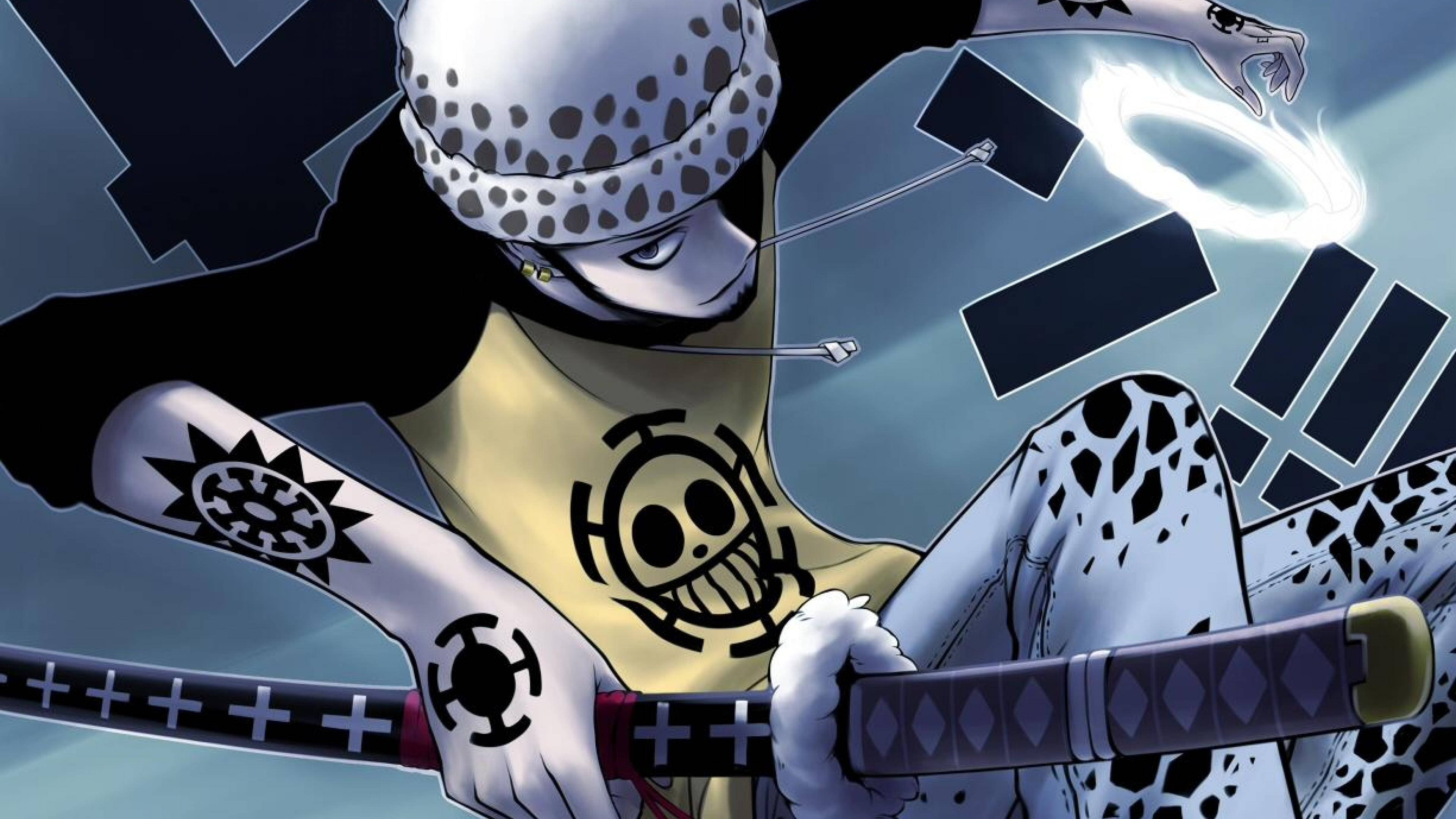 Trafalgar Law, white and black spotted outfit, sword, 4K Desktop Wallpaper