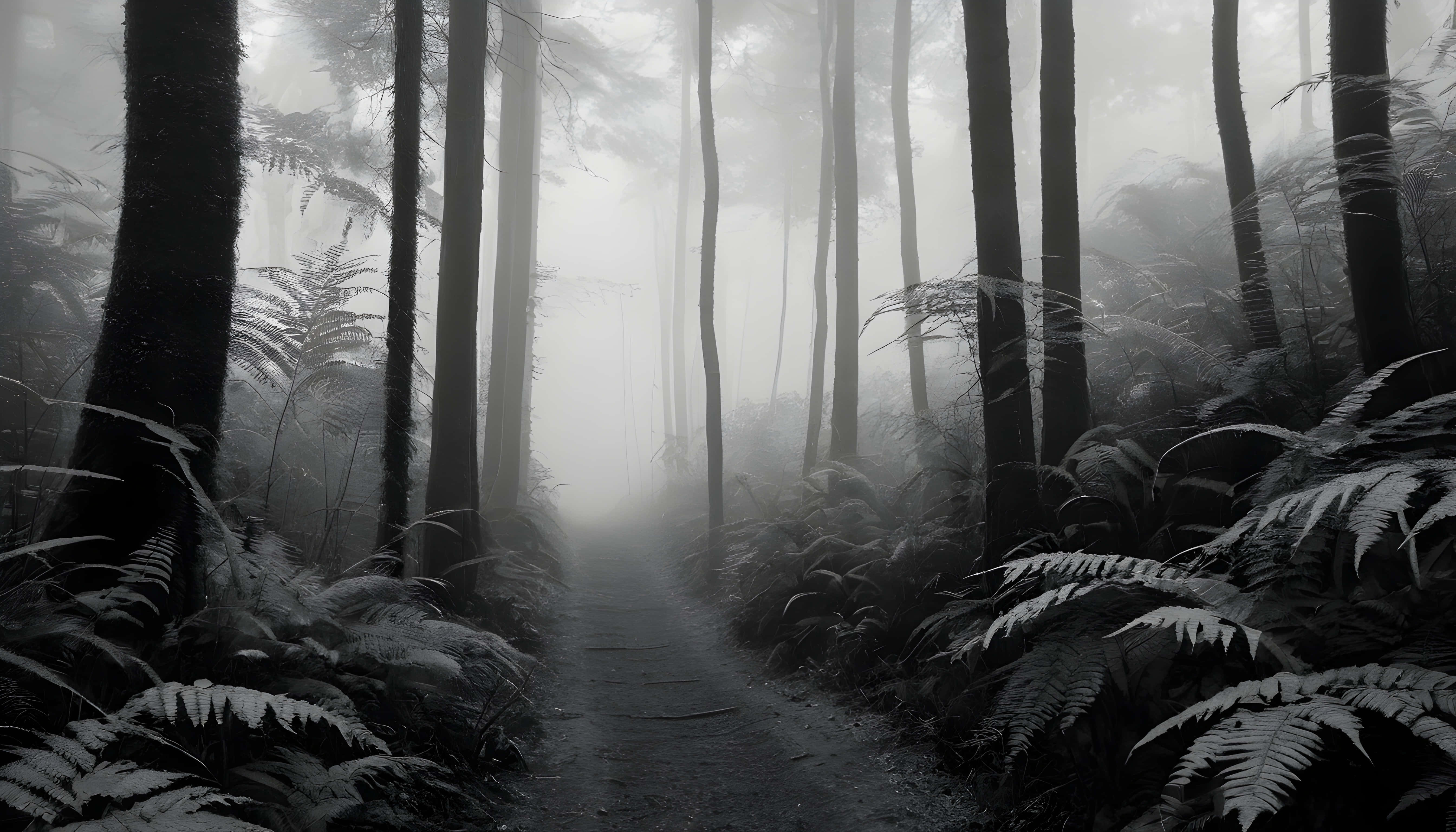 silent fern forest path, misty forest path, tall trees, 5K Desktop Wallpaper