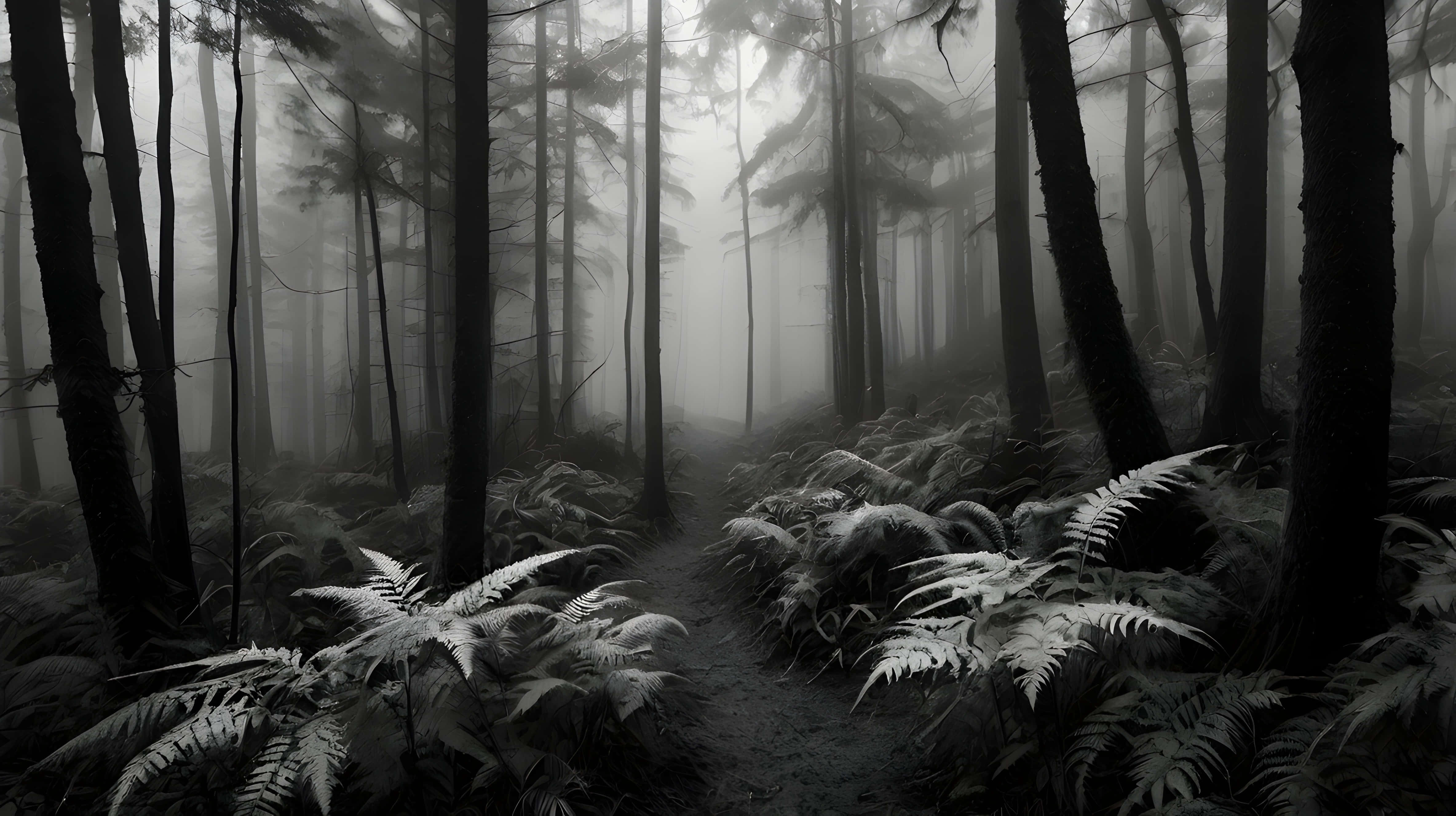black and white misty trail, mist, monochrome forest path, 4K Desktop Wallpaper