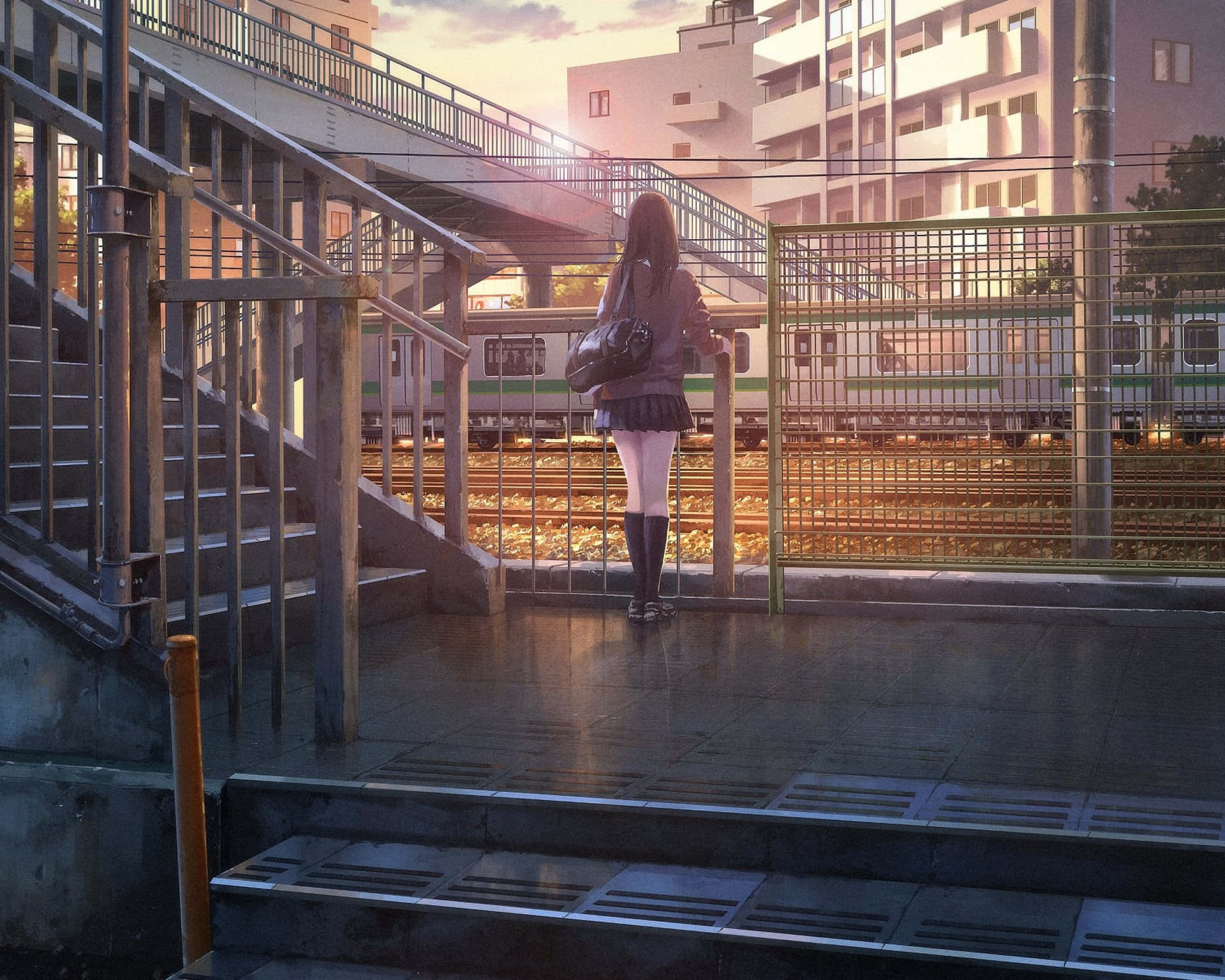 sunset, train platform, school uniform, Full HD Desktop Wallpaper