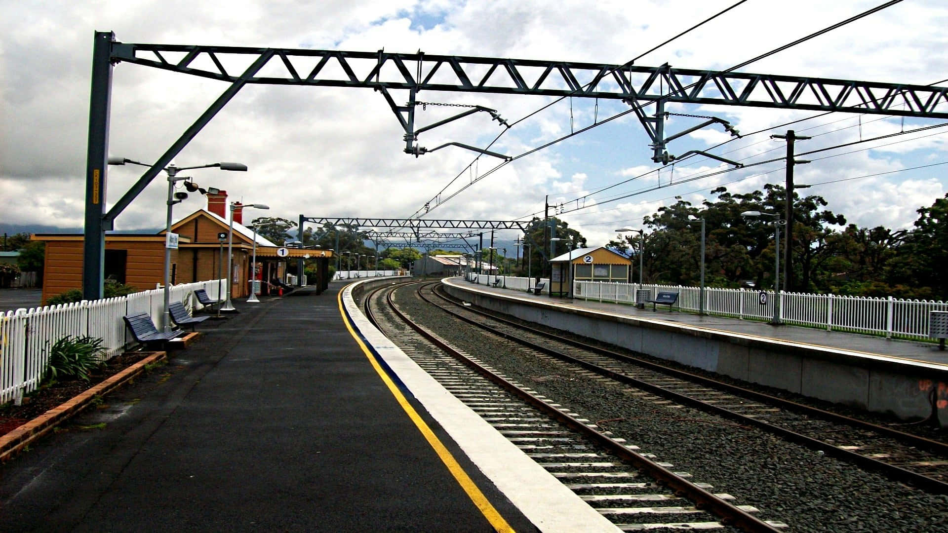 suburban train station, cloudy sky, curved tracks, Full HD Desktop Wallpaper