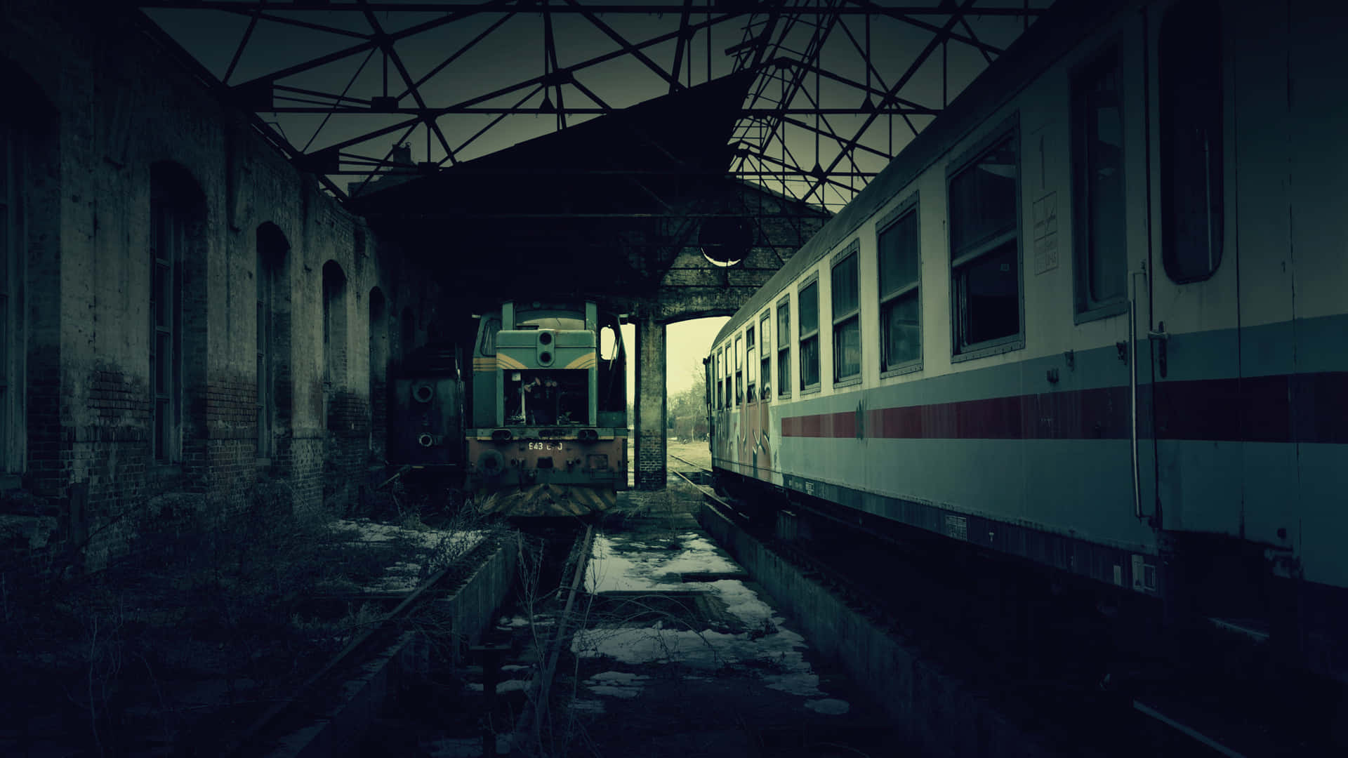 abandoned train station, dusk, two trains, Full HD Desktop Wallpaper