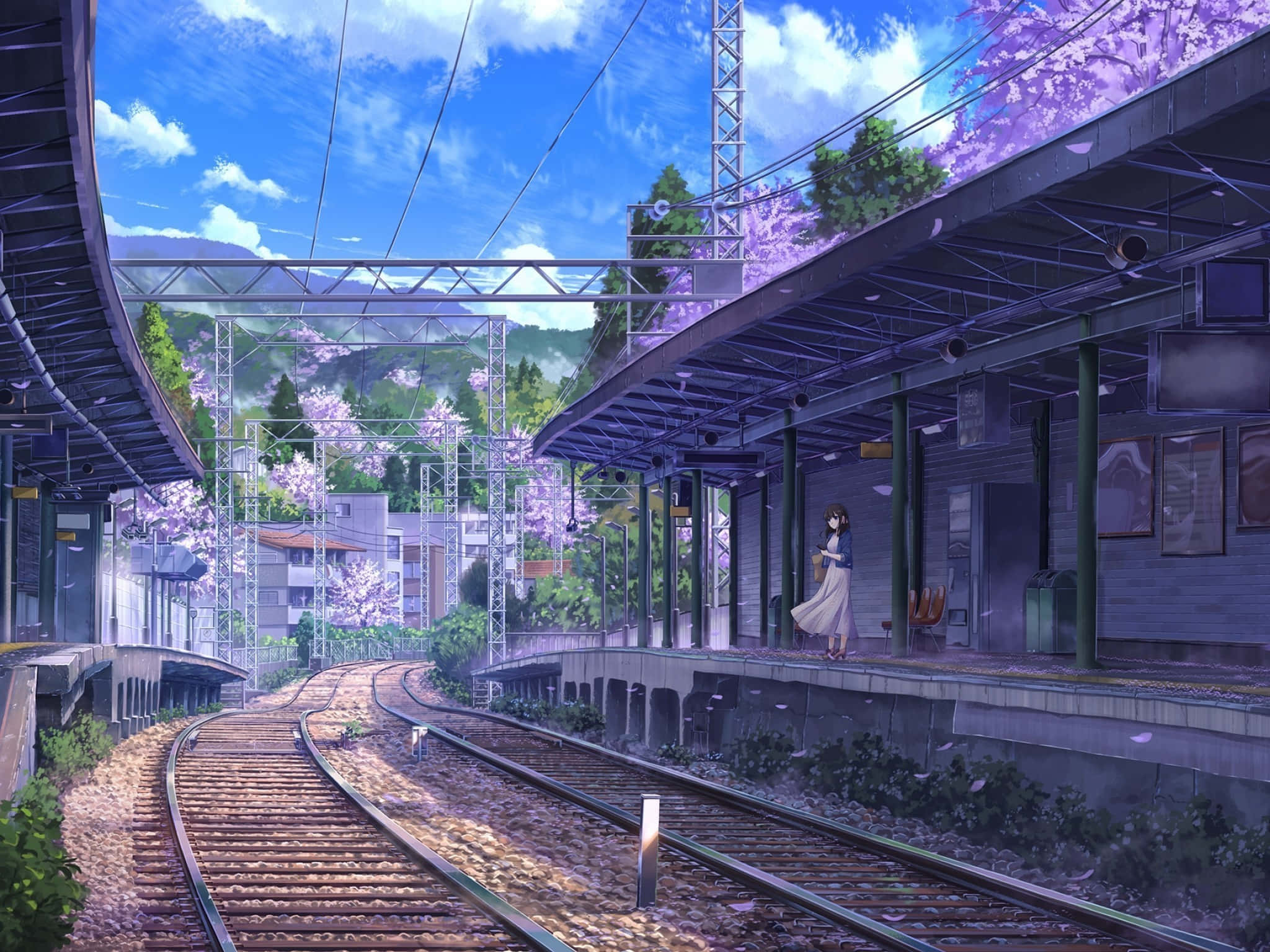 springtime railway station, anime scenery, cherry blossoms, Full HD Desktop Wallpaper