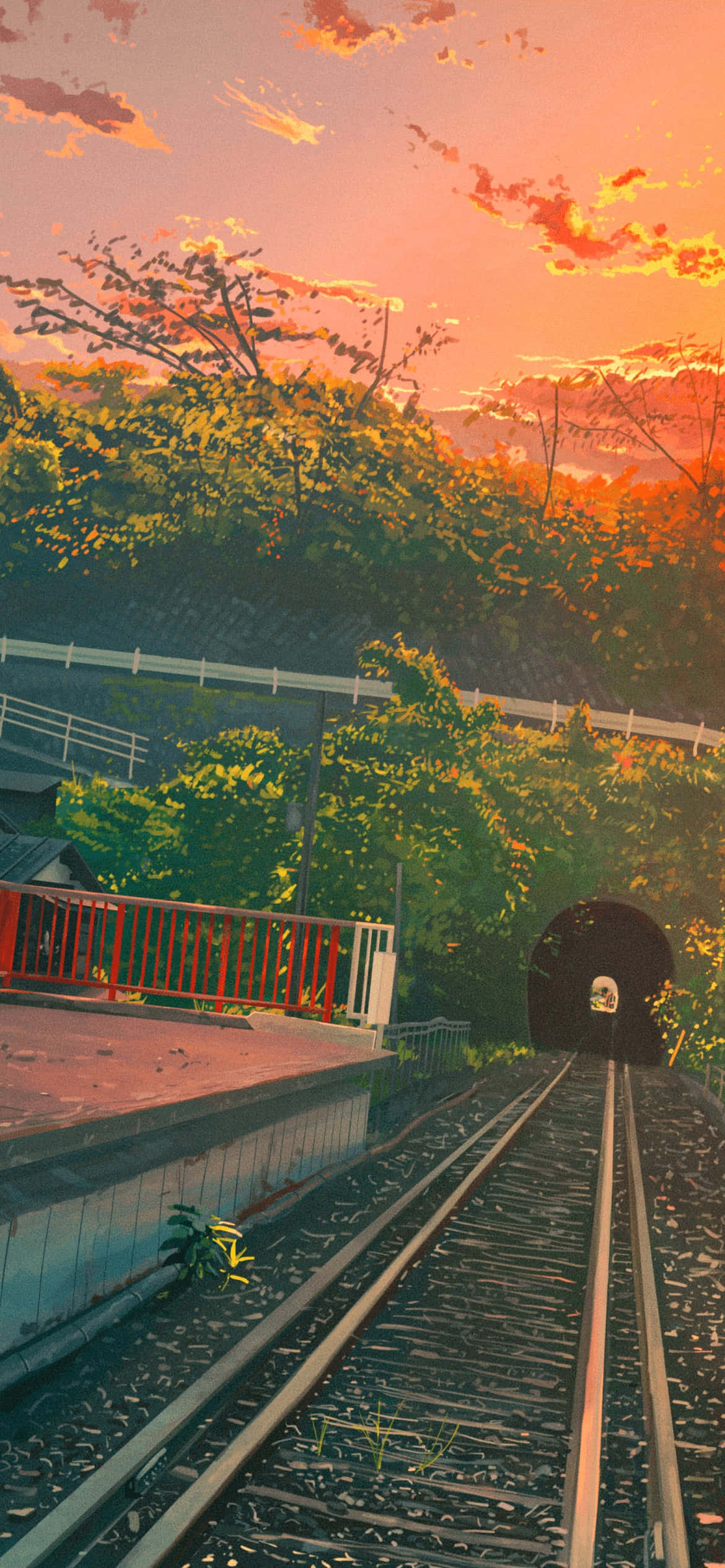 sunset glow, train tracks, tunnel, Full HD Phone Wallpaper