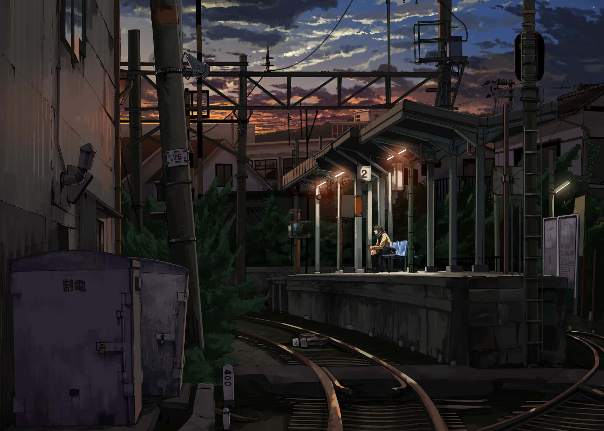 twilight train station platform, dusk, vibrant orange clouds, Full HD Desktop Wallpaper