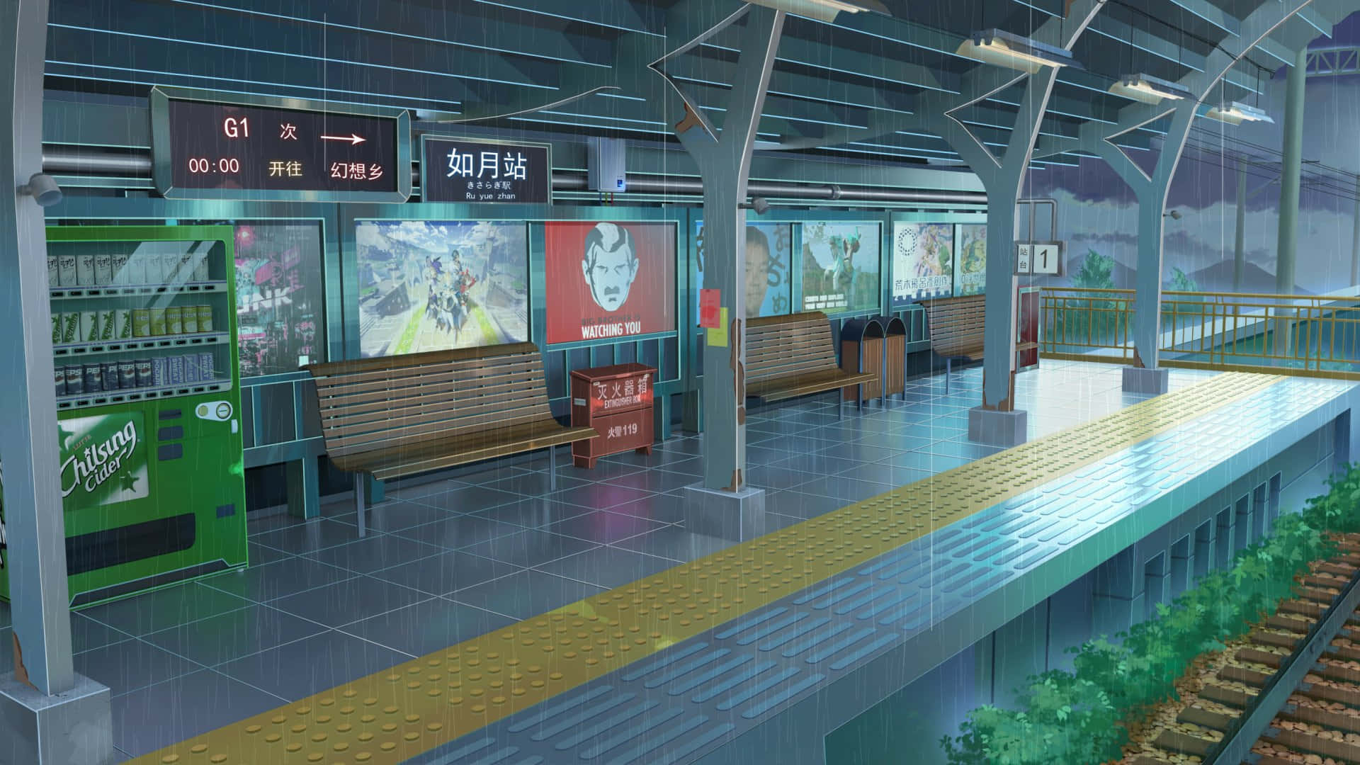 futuristic train station platform, glowing signs, benches, Full HD Desktop Wallpaper