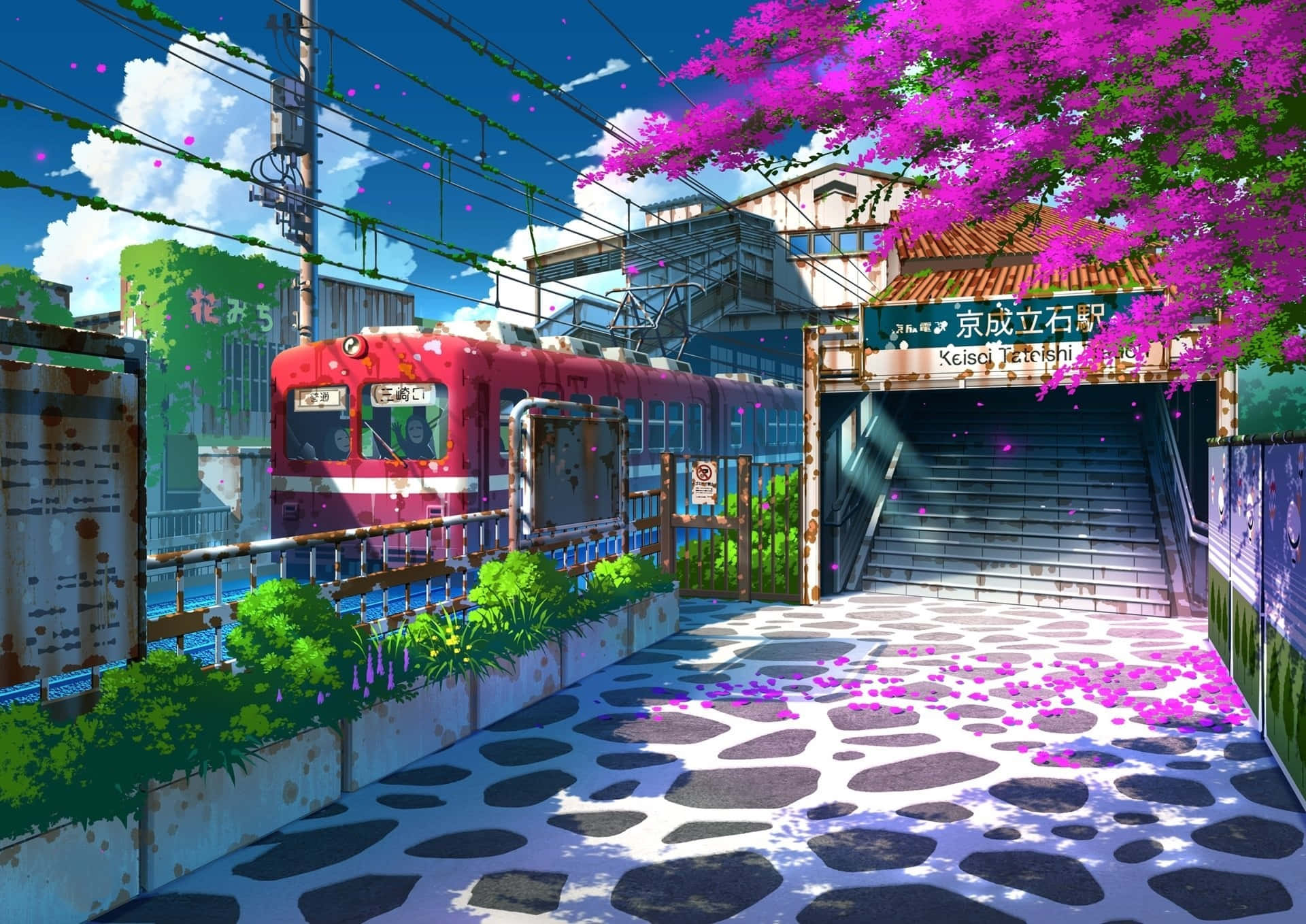 Blossoming Train Station, anime-style, bright blue sky, Full HD Desktop Wallpaper