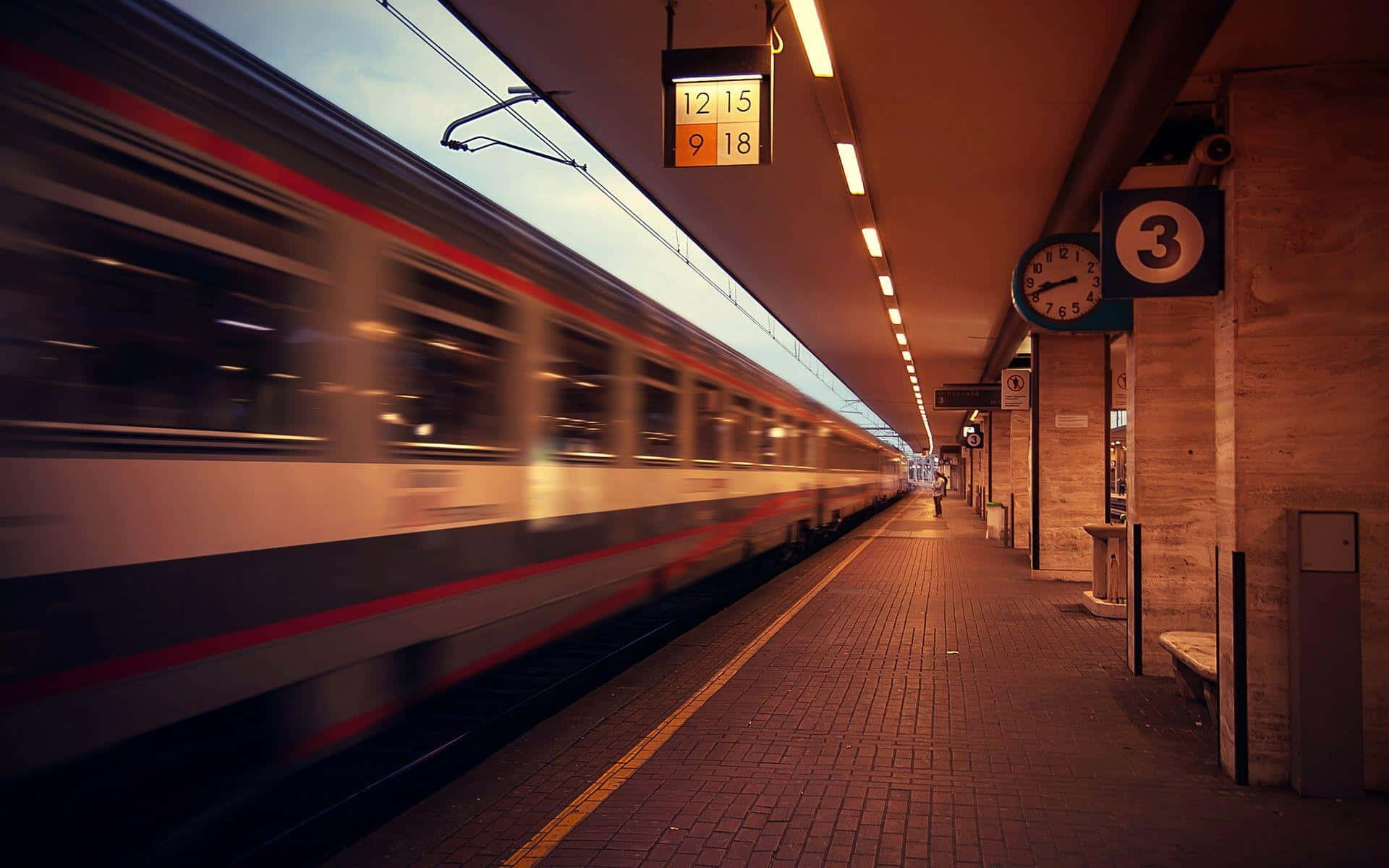 platform number three, clock showing 12:15, speeding train, Full HD Desktop Wallpaper