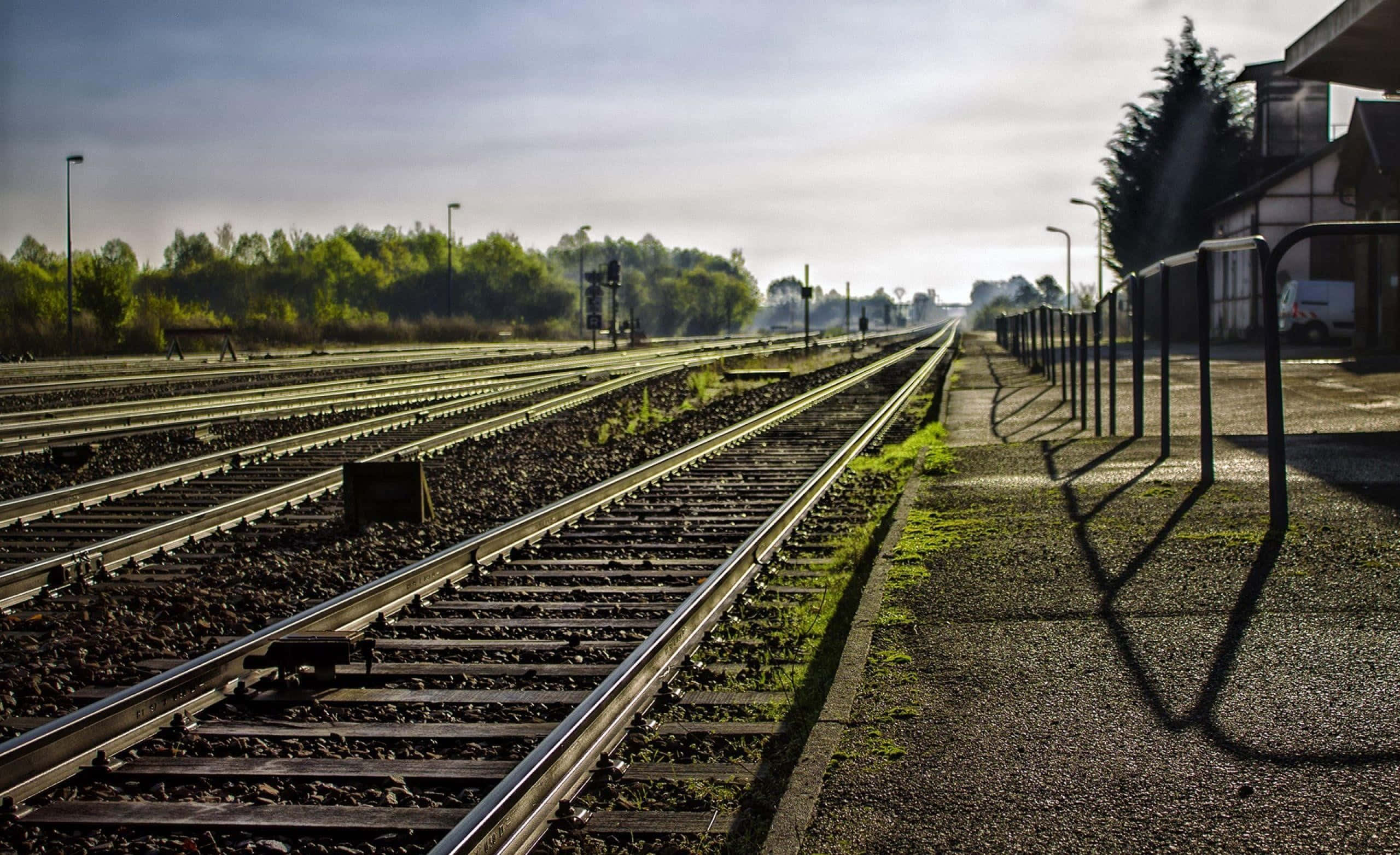 morning light, railway tracks, soft morning sky, 2K Desktop Wallpaper