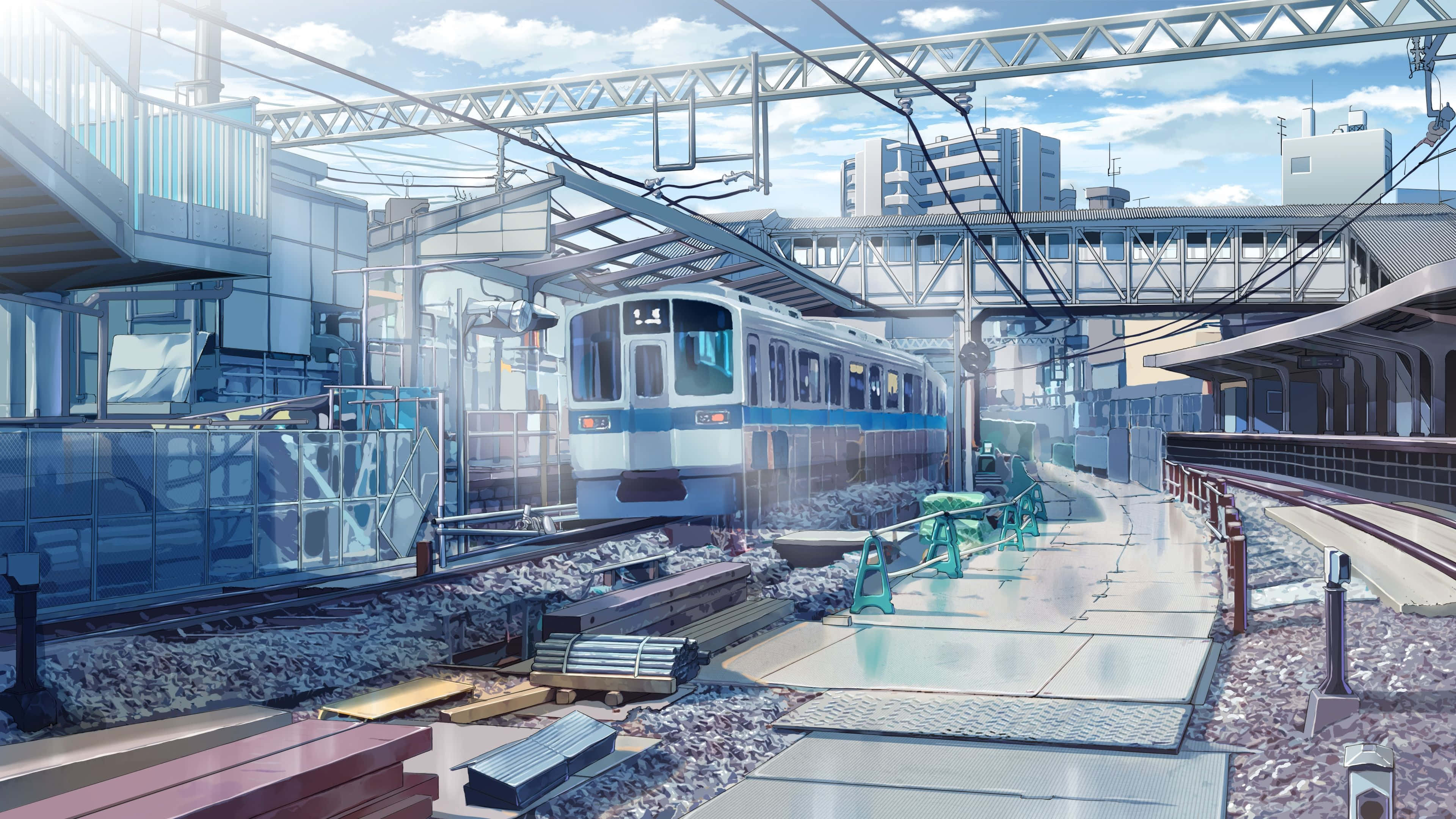 blue and white train, sunlit urban station, steel beams, 4K Desktop Wallpaper