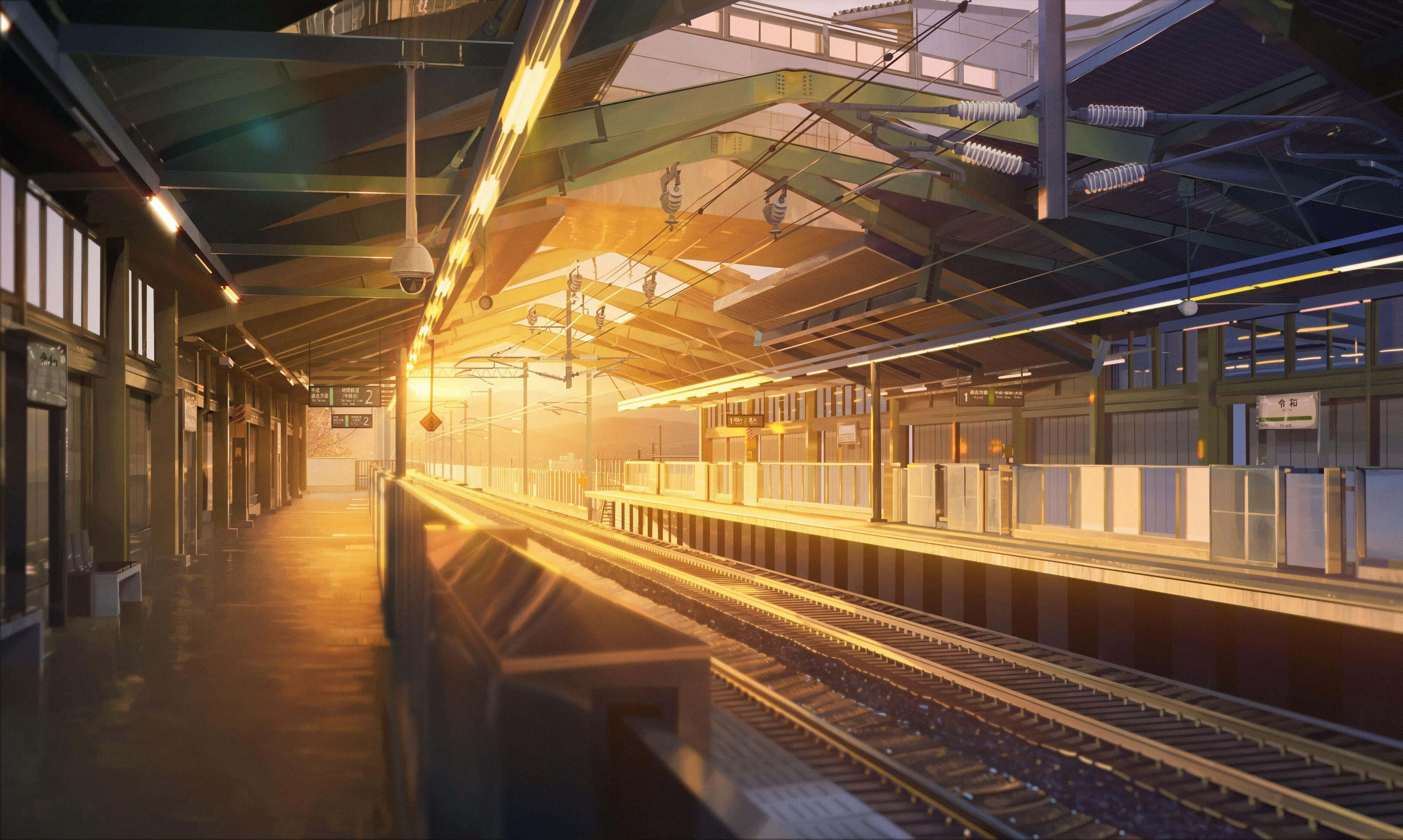 sunset glow, train station platform, golden sunset light, 2K Desktop Wallpaper