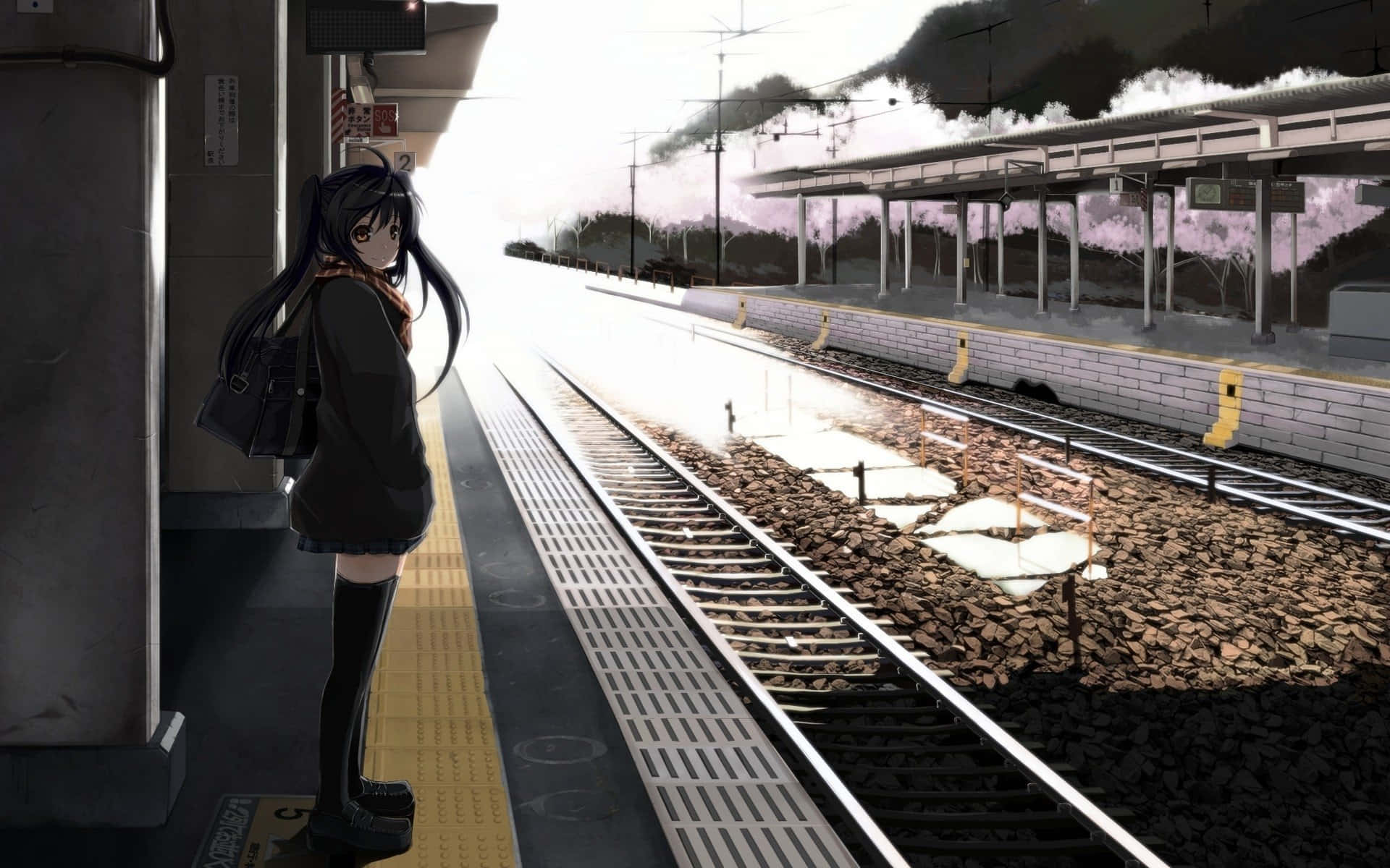 anime girl, school uniform, wet train platform, Full HD Desktop Wallpaper