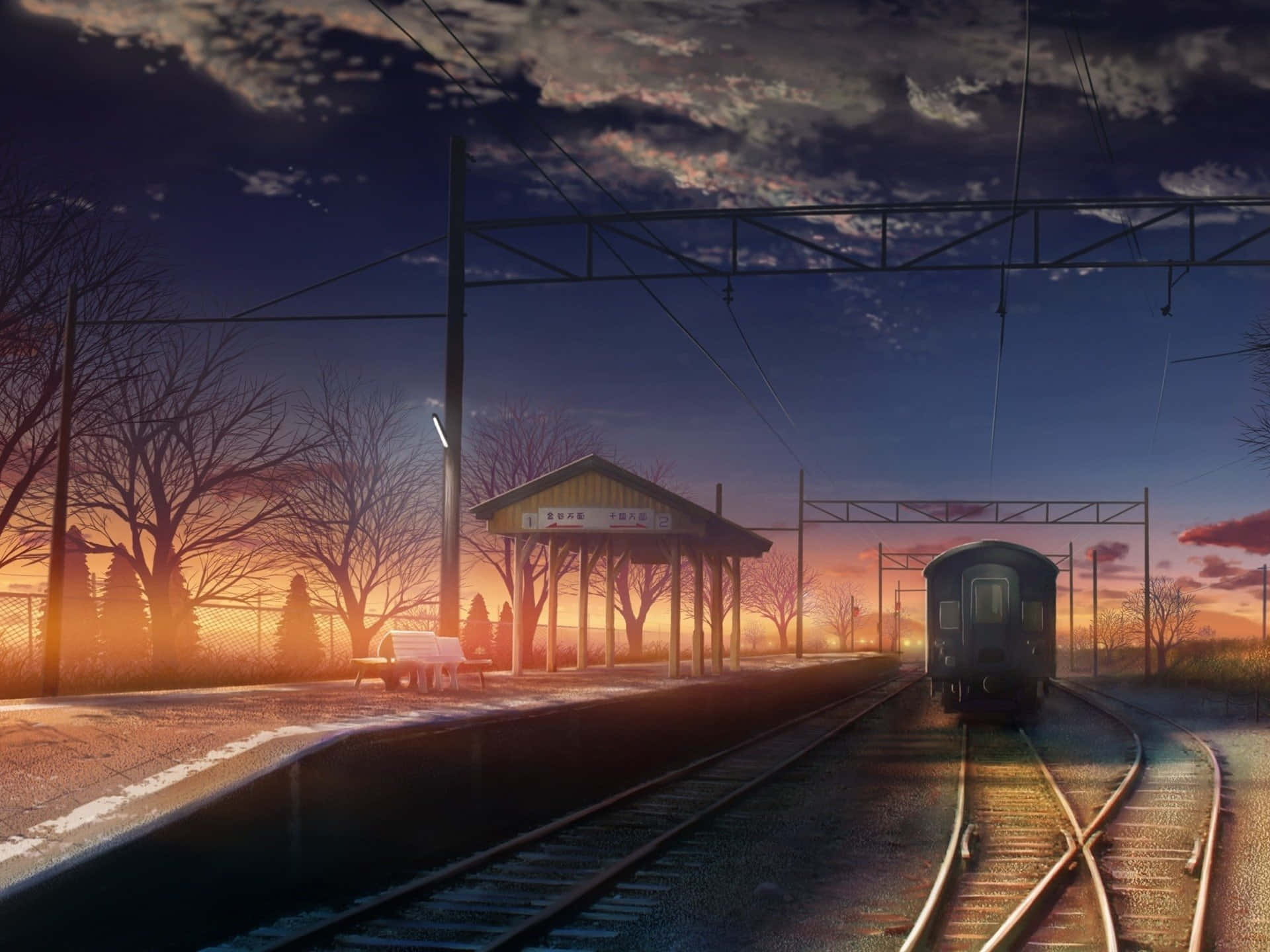 twilight train station, anime style, sunset, Full HD Desktop Wallpaper