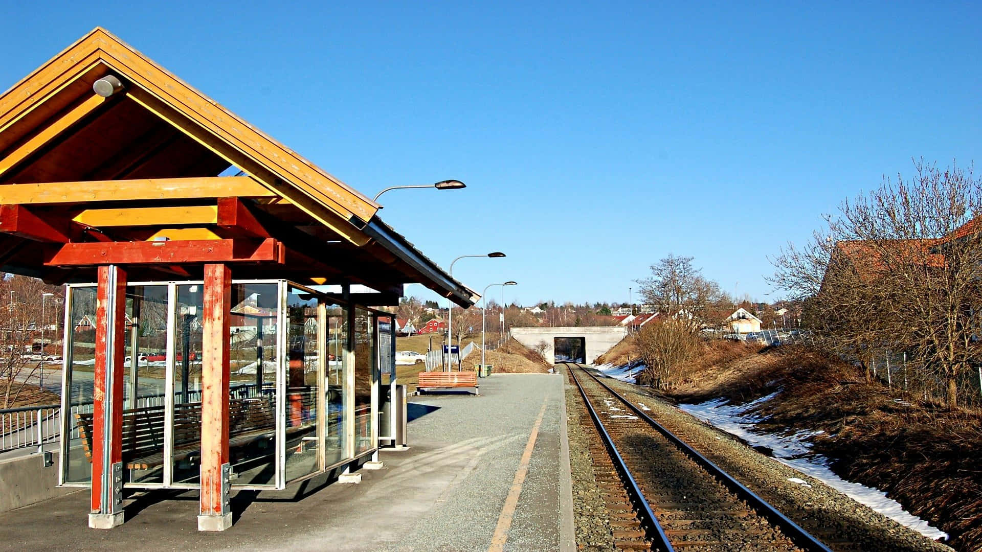 sunny railway station platform, modern wooden train station, clear blue sky, Full HD Desktop Wallpaper