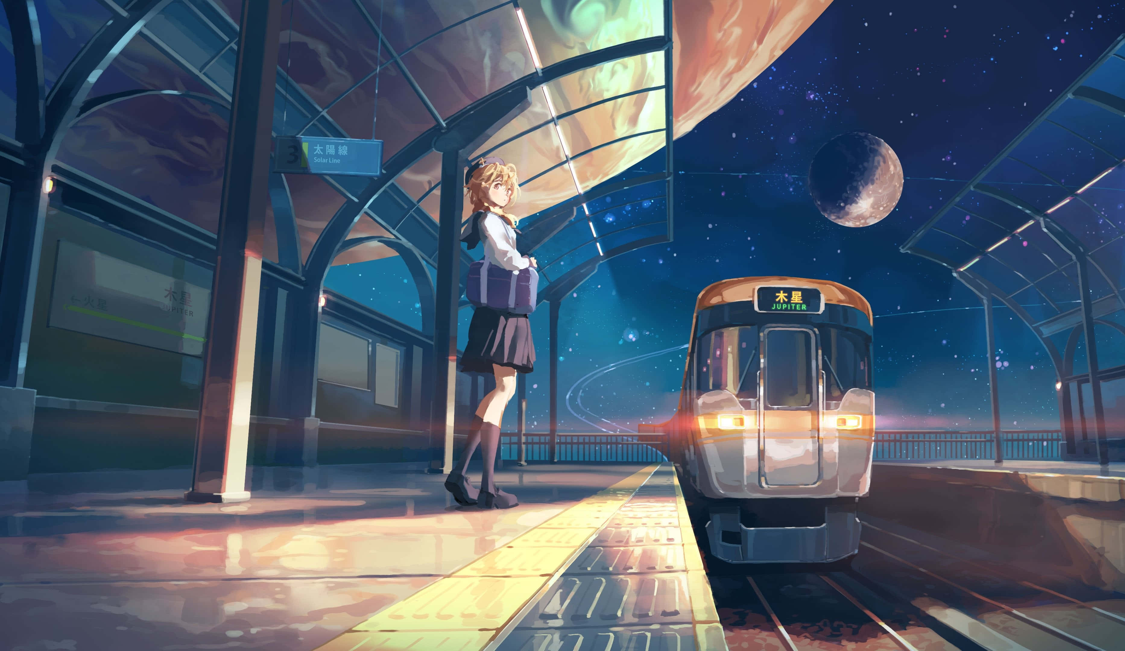 cosmic train station, futuristic train platform, starry sky, 2K Desktop Wallpaper