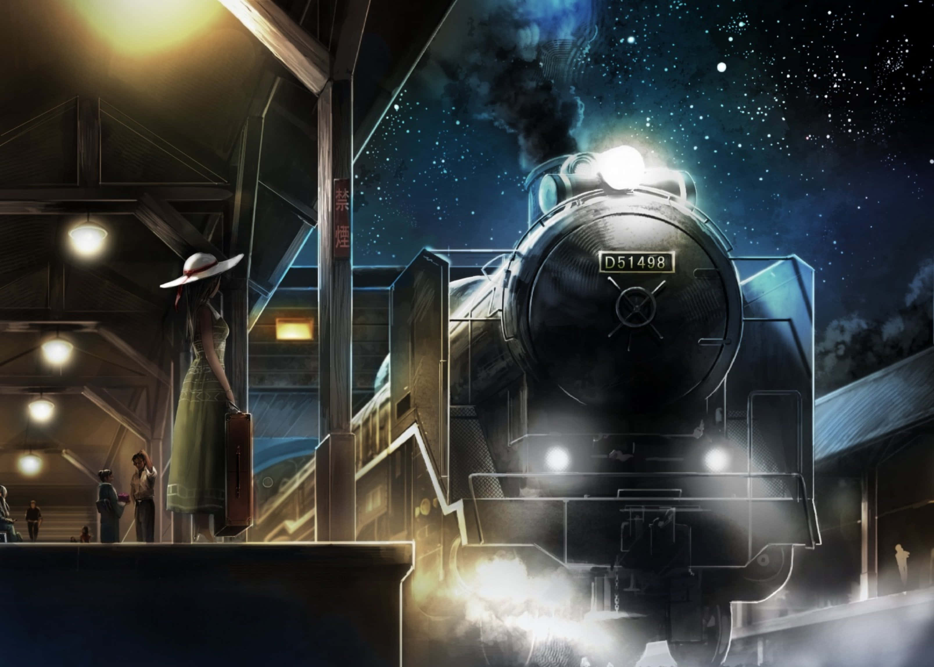 nighttime steam train arrival, green dress, train platform, 2K Desktop Wallpaper