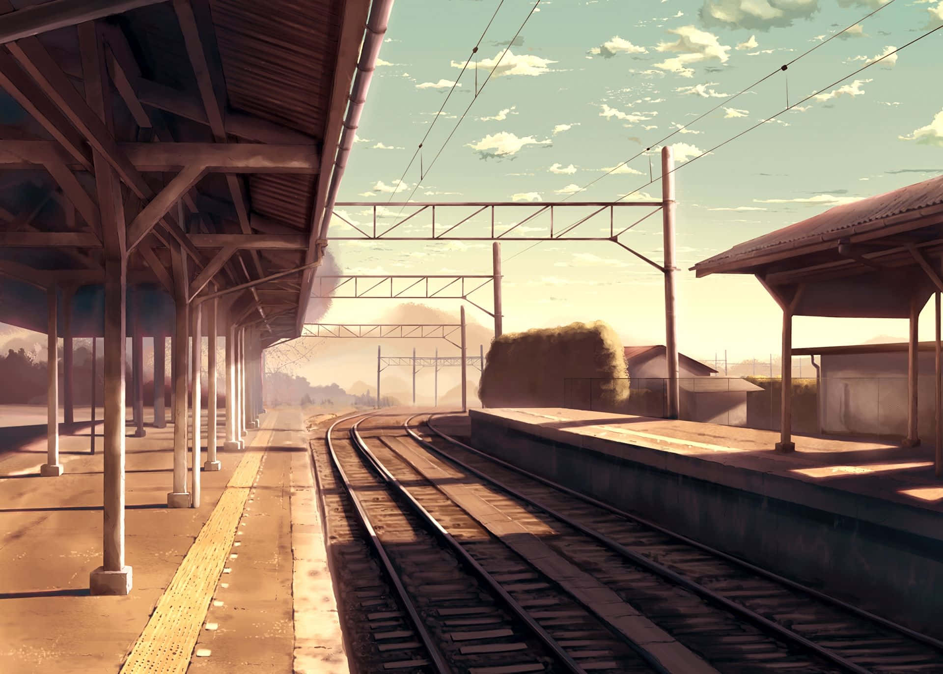 sunny railway station, empty train station platform, tracks curve into the hazy distance, Full HD Desktop Wallpaper