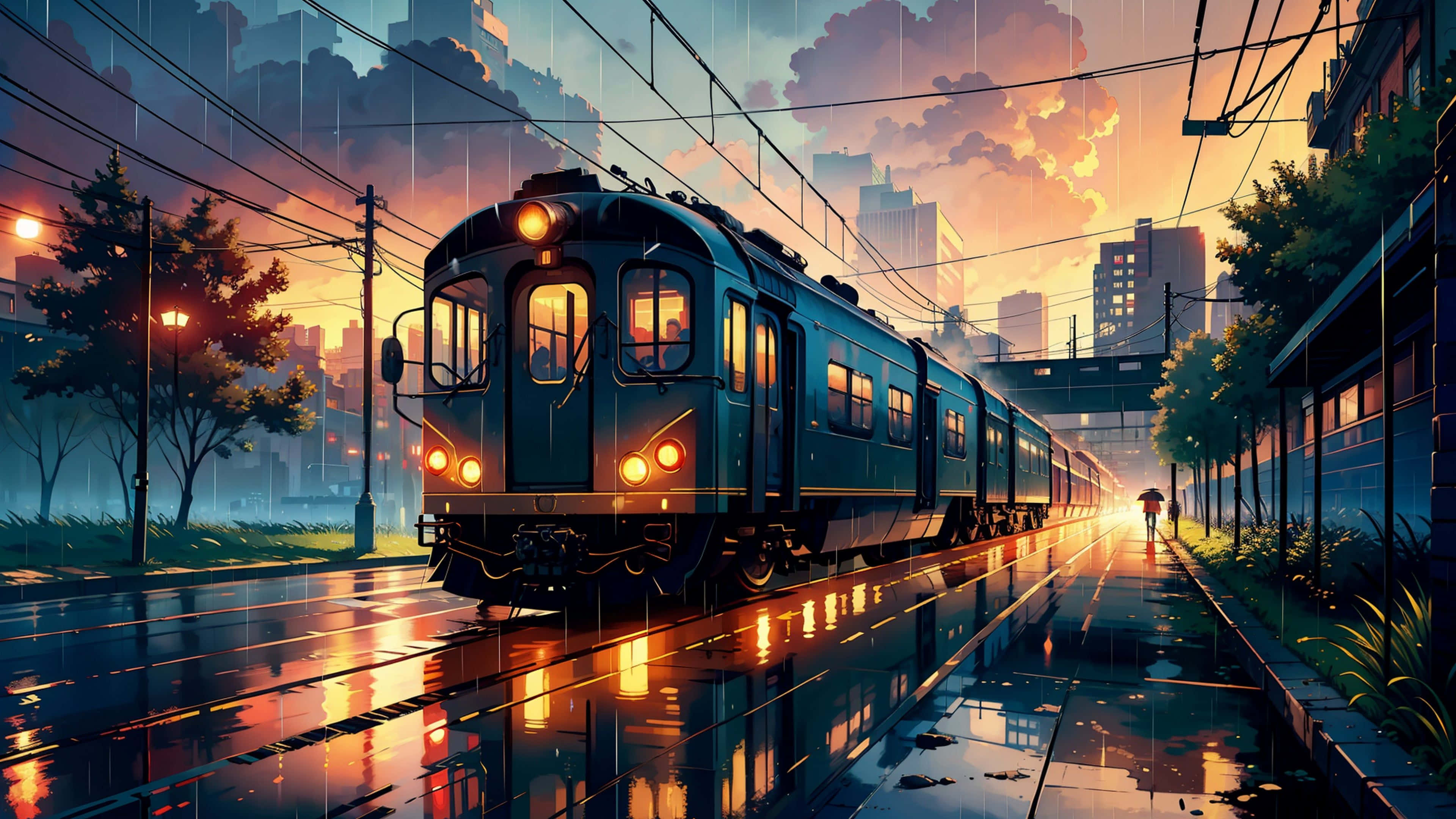 rainy evening, train station, sunset, 4K Desktop Wallpaper