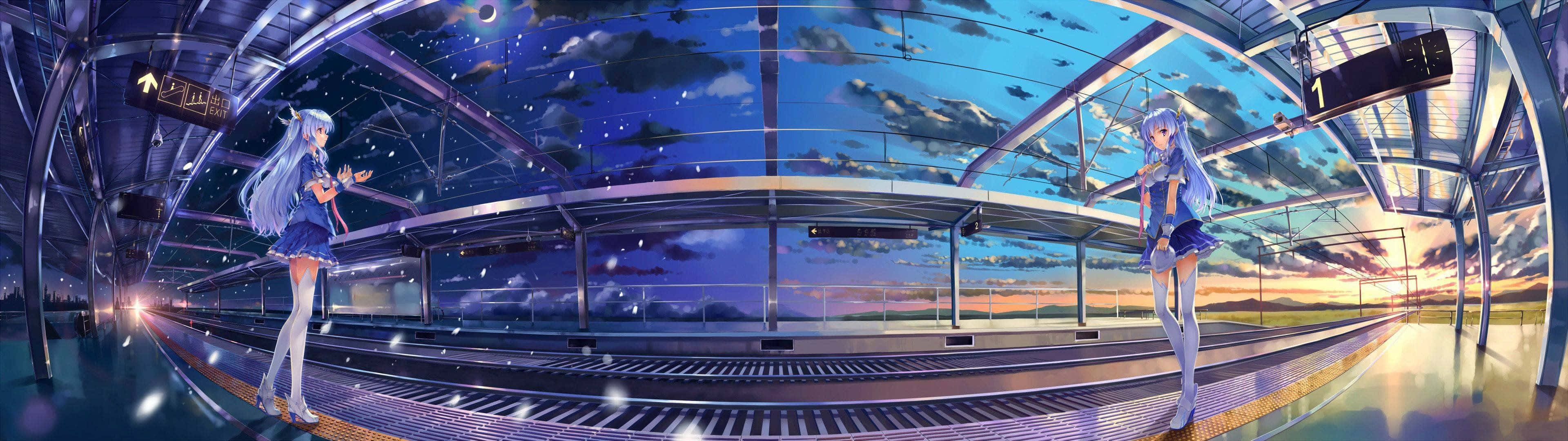 futuristic train platform, starry twilight sky, falling snow, 4K Desktop Wallpaper
