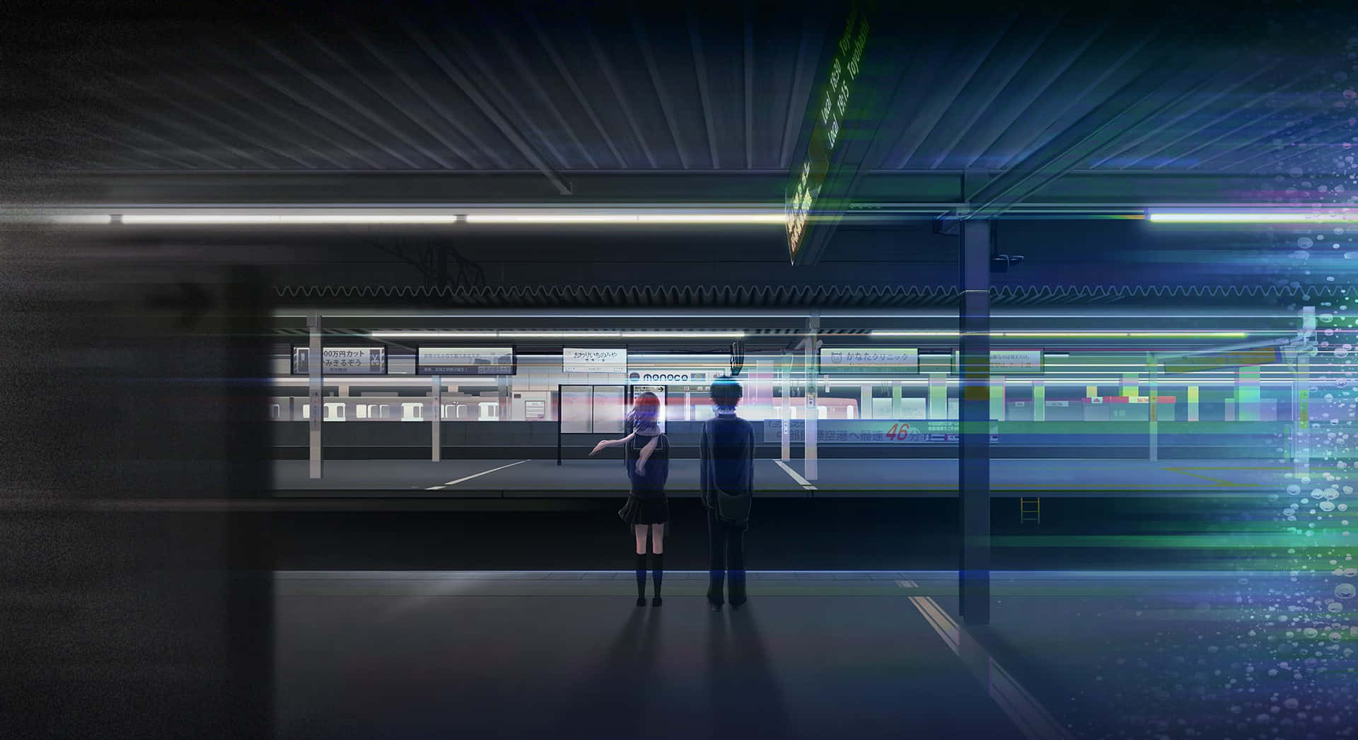 futuristic train station platform, neon lights, digital glitch effects, Full HD Desktop Wallpaper