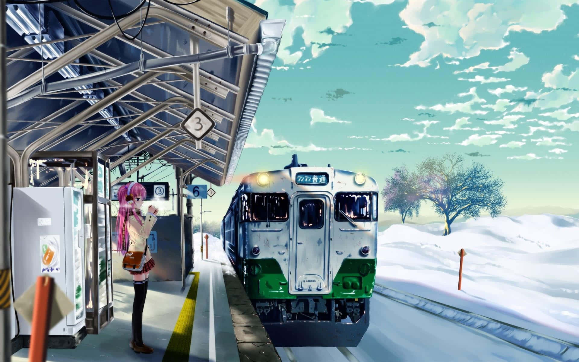 pink-haired anime girl, snowy train station, green and silver train, Full HD Desktop Wallpaper