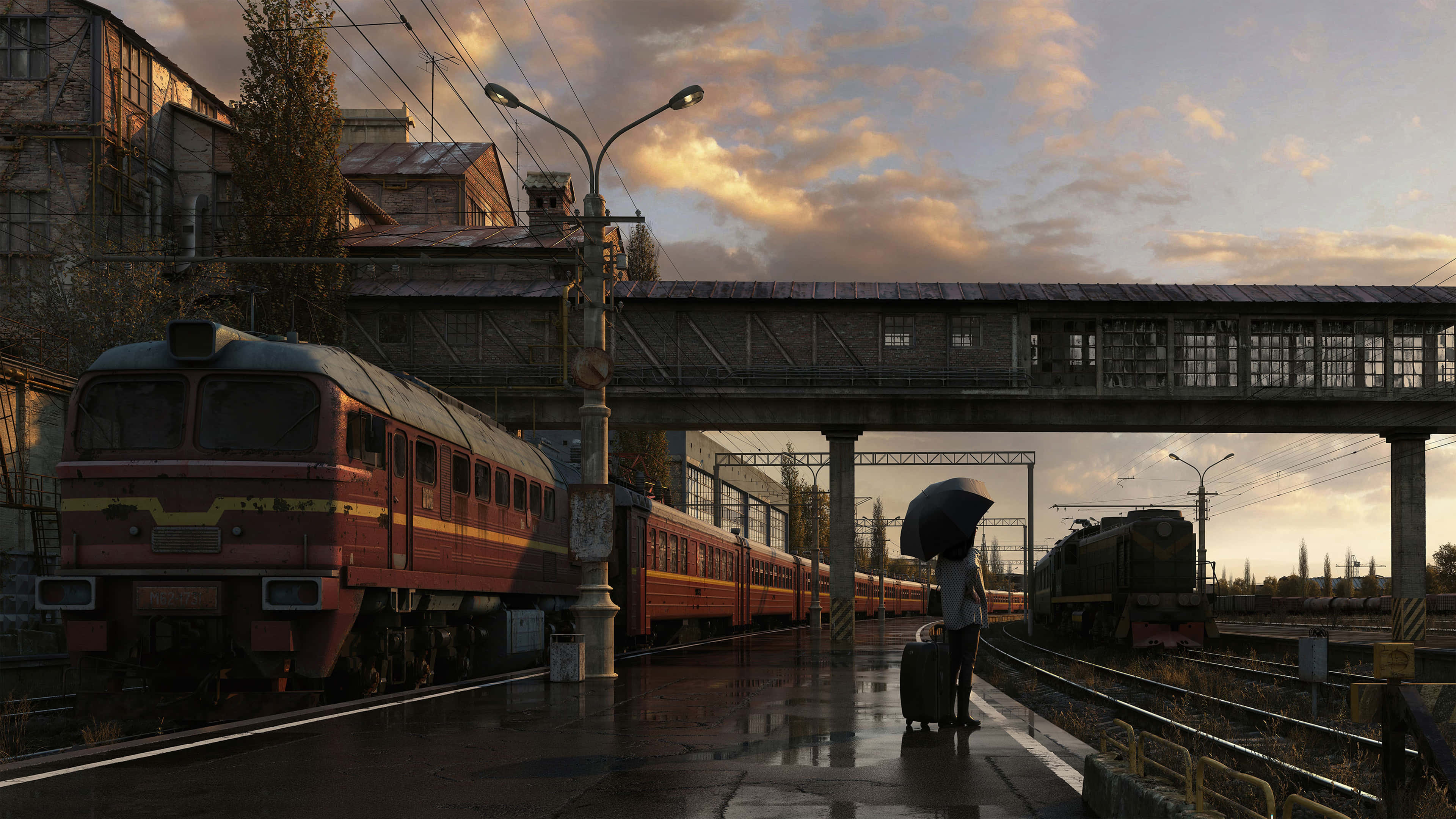 red train, wet train platform, dramatic sunset sky, 4K Desktop Wallpaper