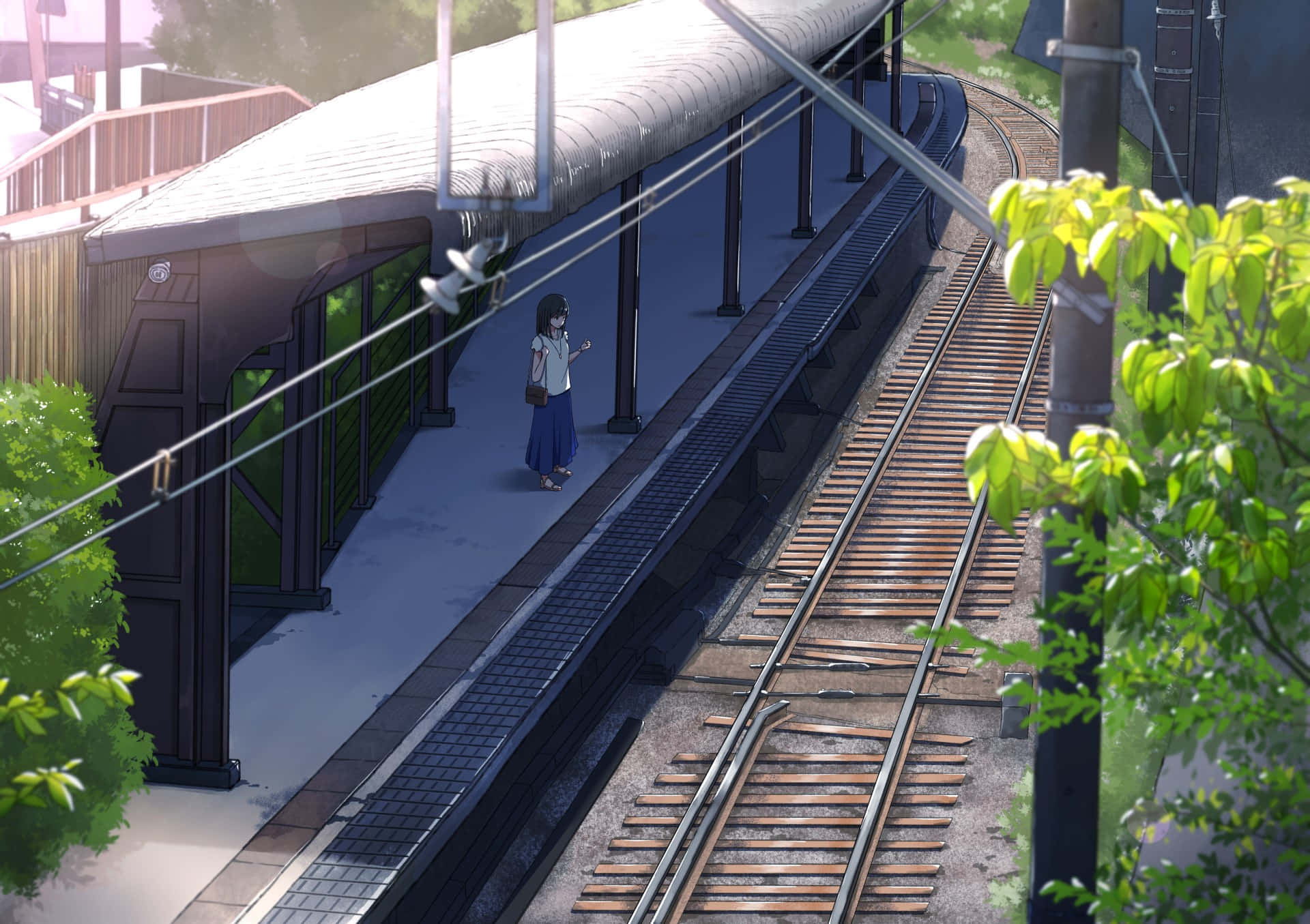 serene train station morning, anime girl, quiet train platform, Full HD Desktop Wallpaper