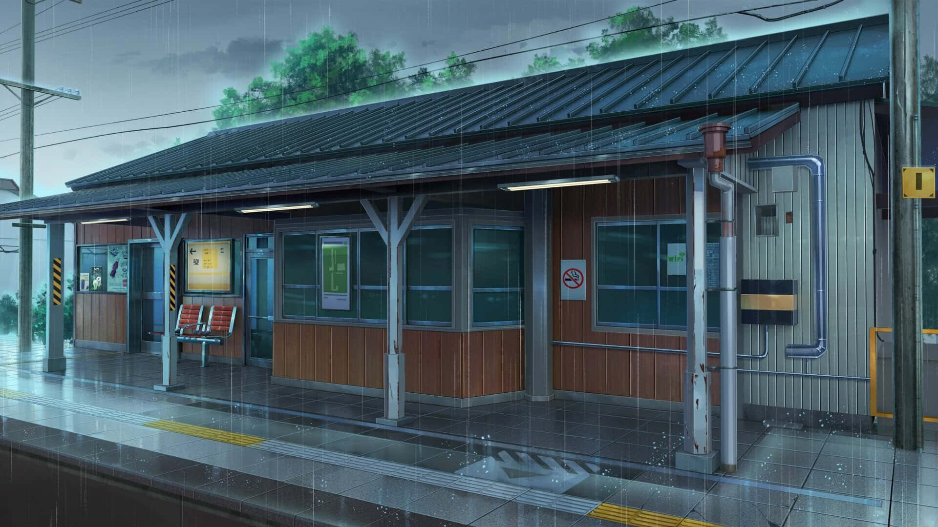 rainy train station platform, wooden train station, glowing lights, Full HD Desktop Wallpaper