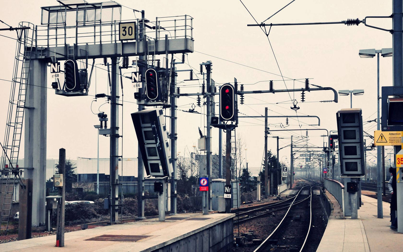 Industrial railway station, multiple signal lights, overhead wires, HD Desktop Wallpaper