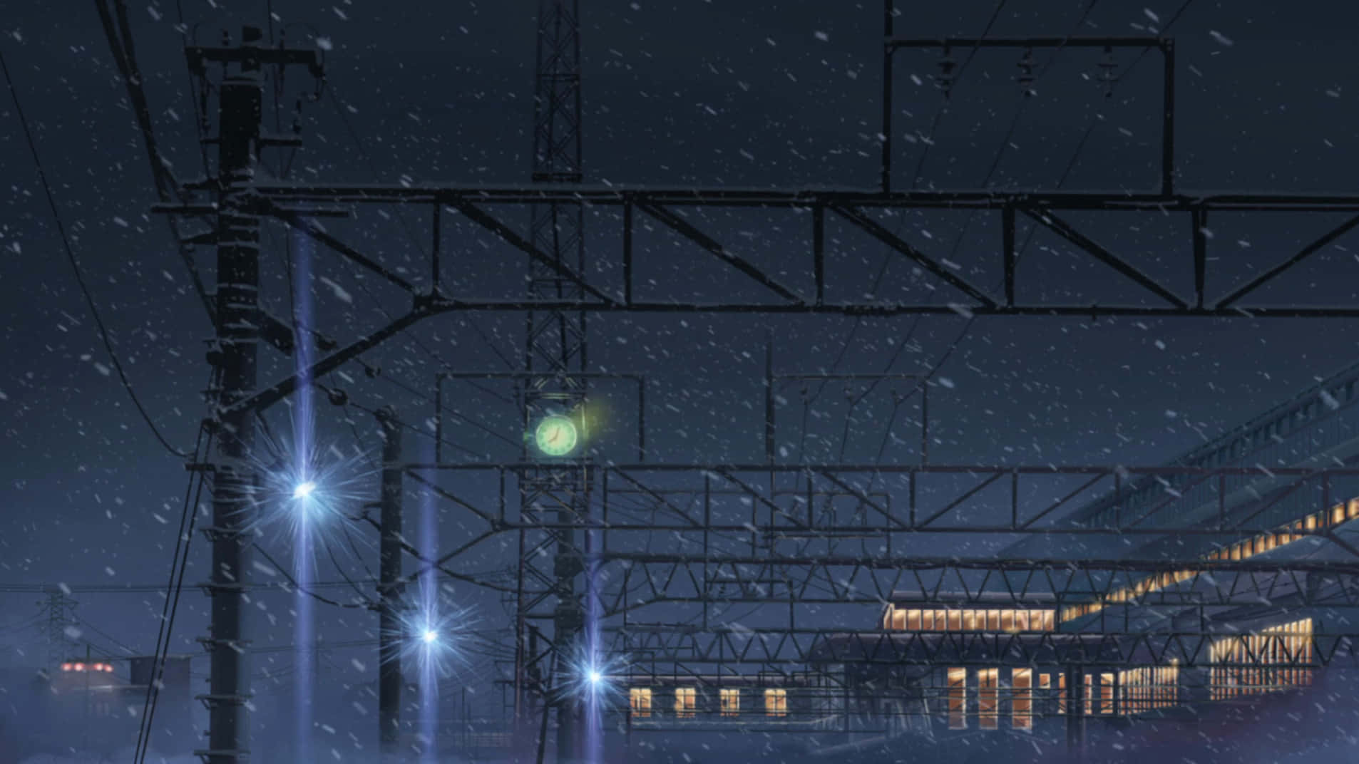 train station, glowing blue lights, snow, HD Desktop Wallpaper