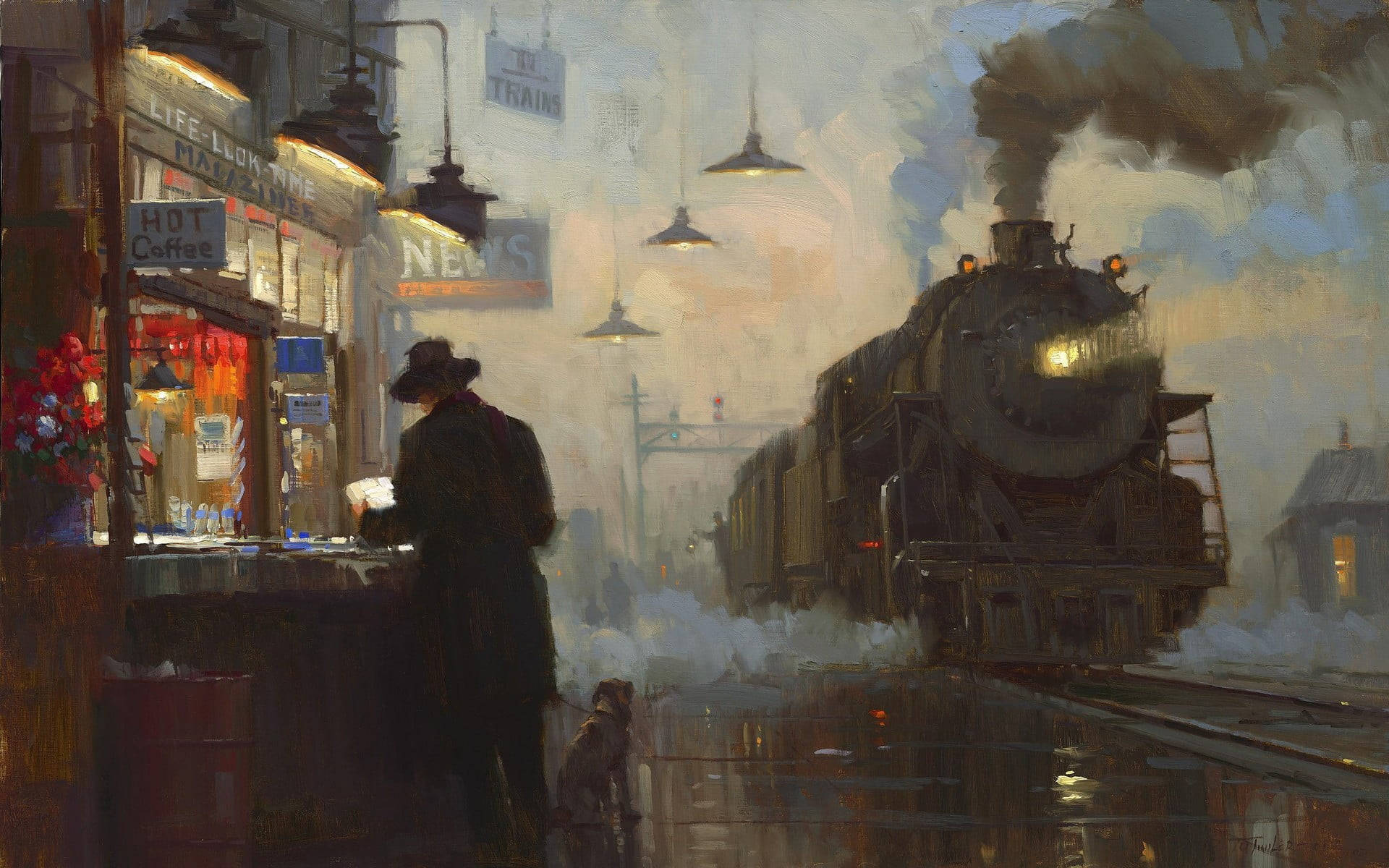 evening train station, steam train, newsstand, Full HD Desktop Wallpaper