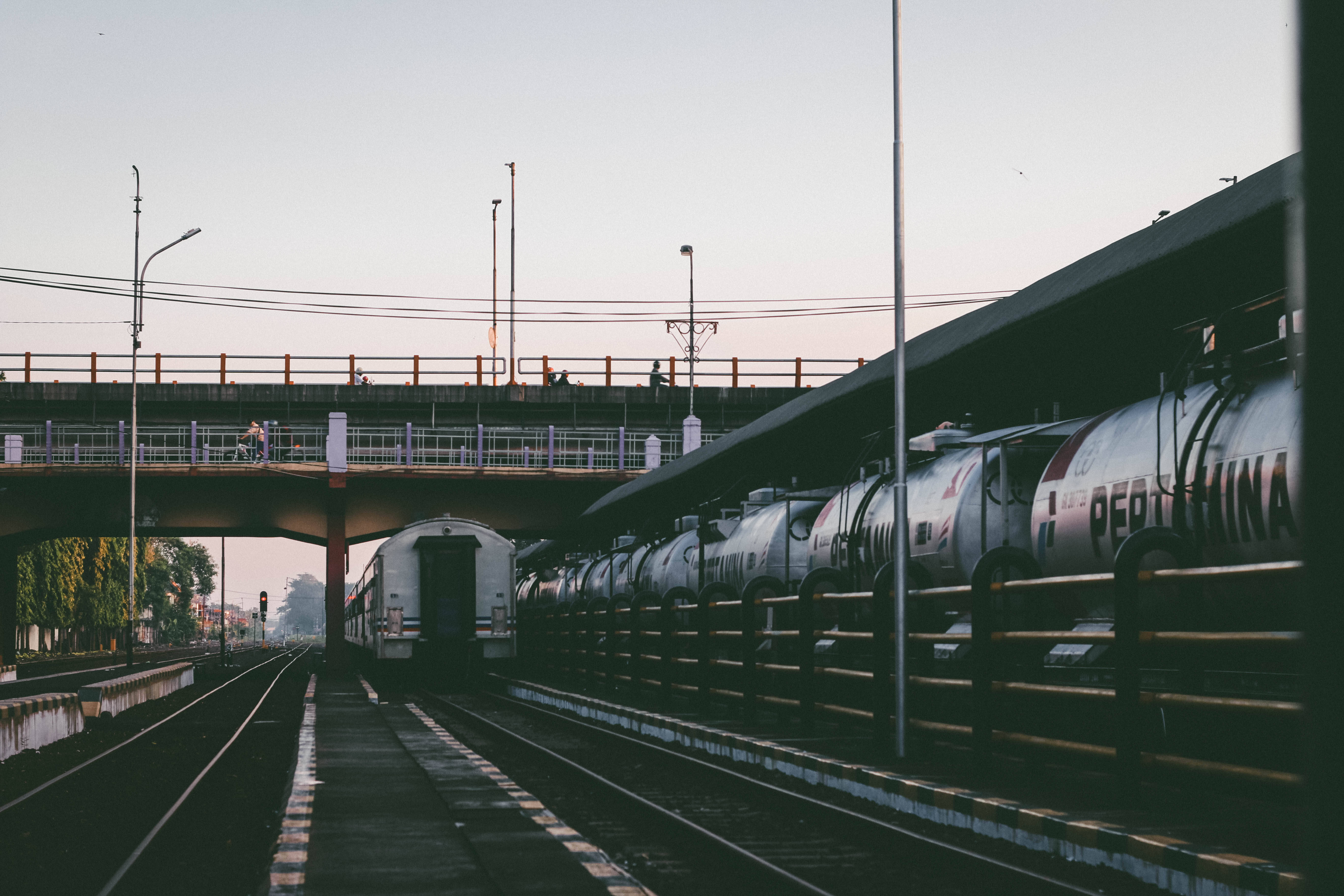 morning city railway, dusk, tanker train, 5K Desktop Wallpaper
