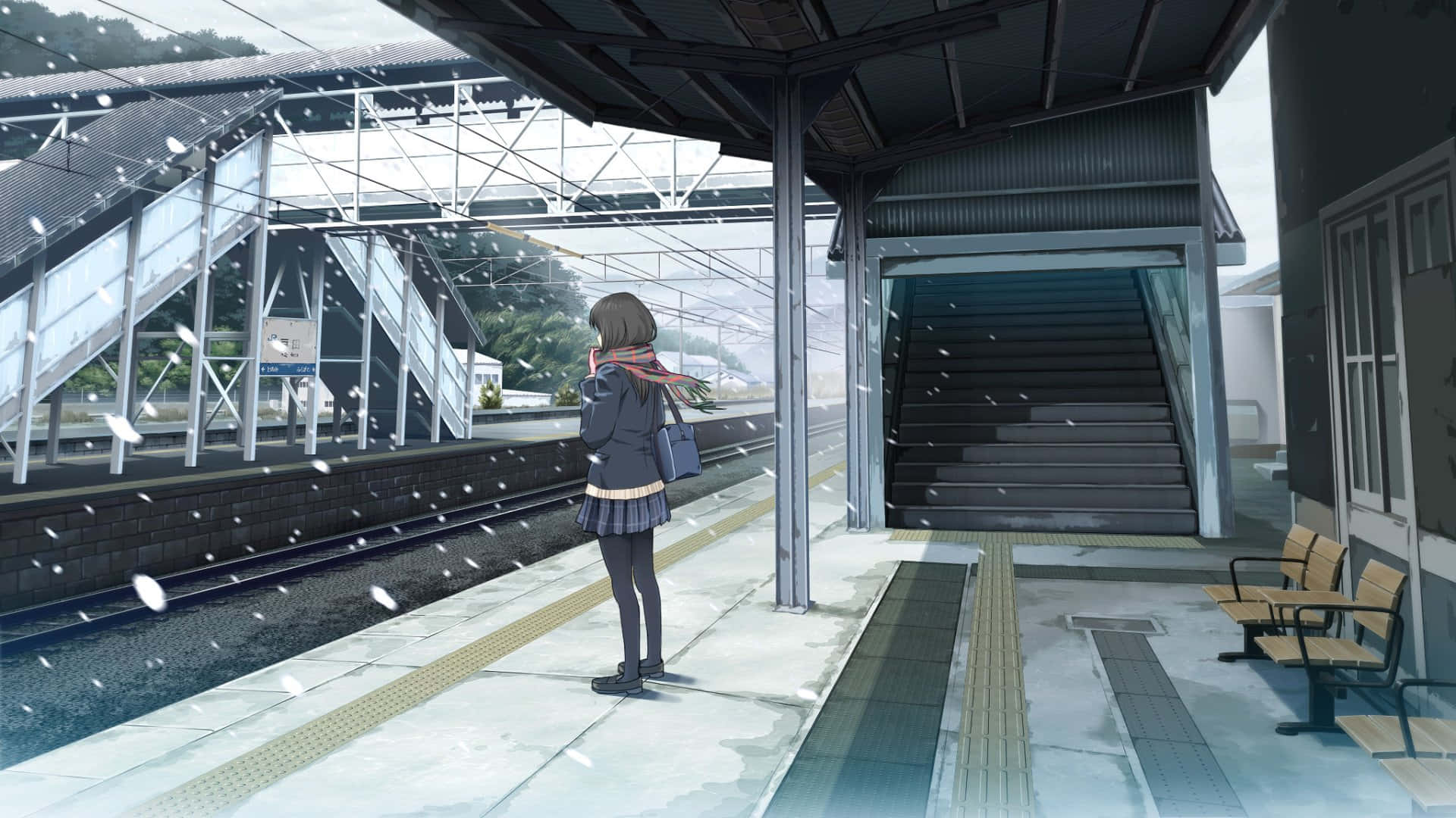 anime girl, school uniform, wet train platform, Full HD Desktop Wallpaper