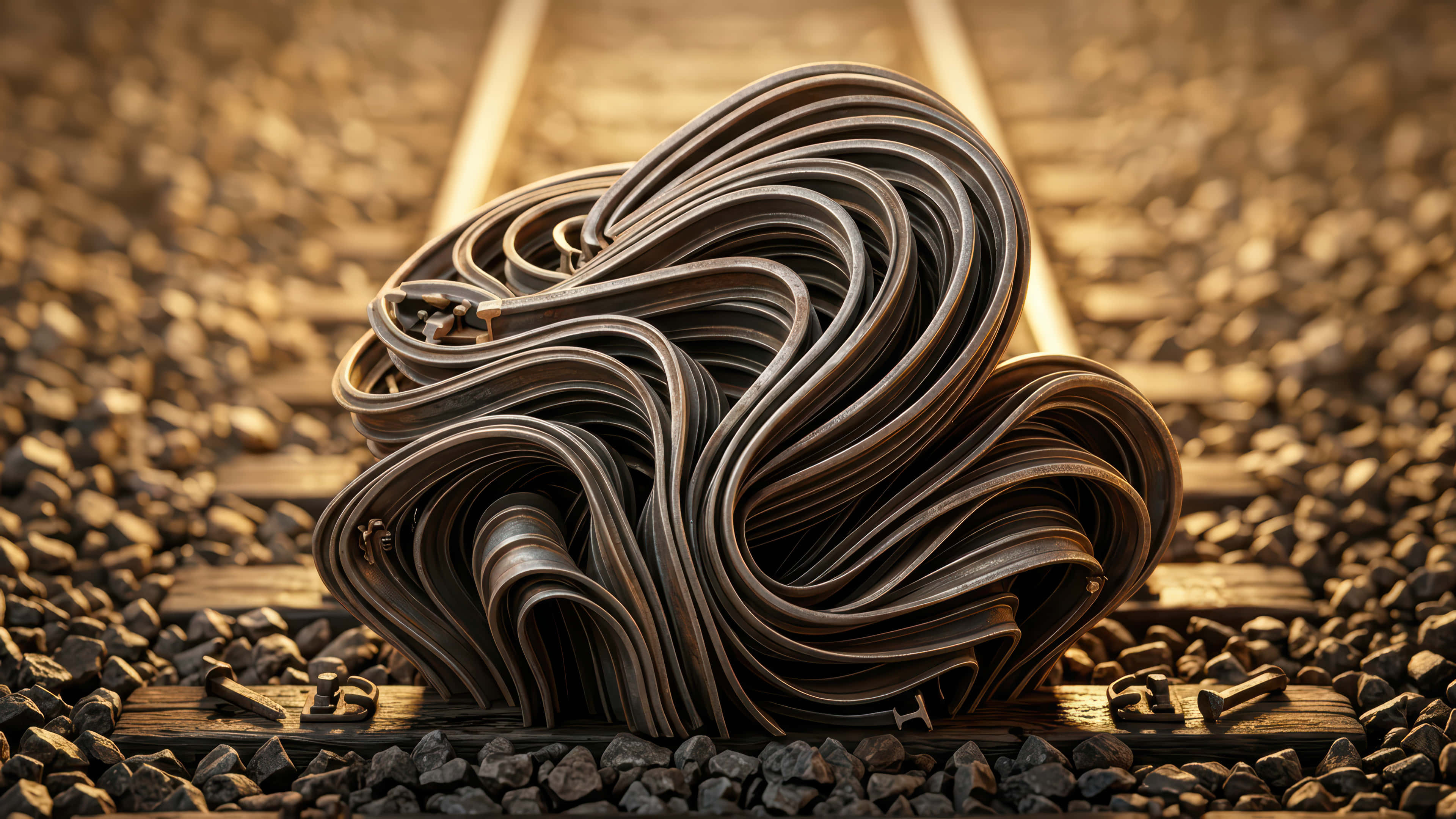 railroad bloom, dark metallic railings, wooden sleepers, 4K Desktop Wallpaper