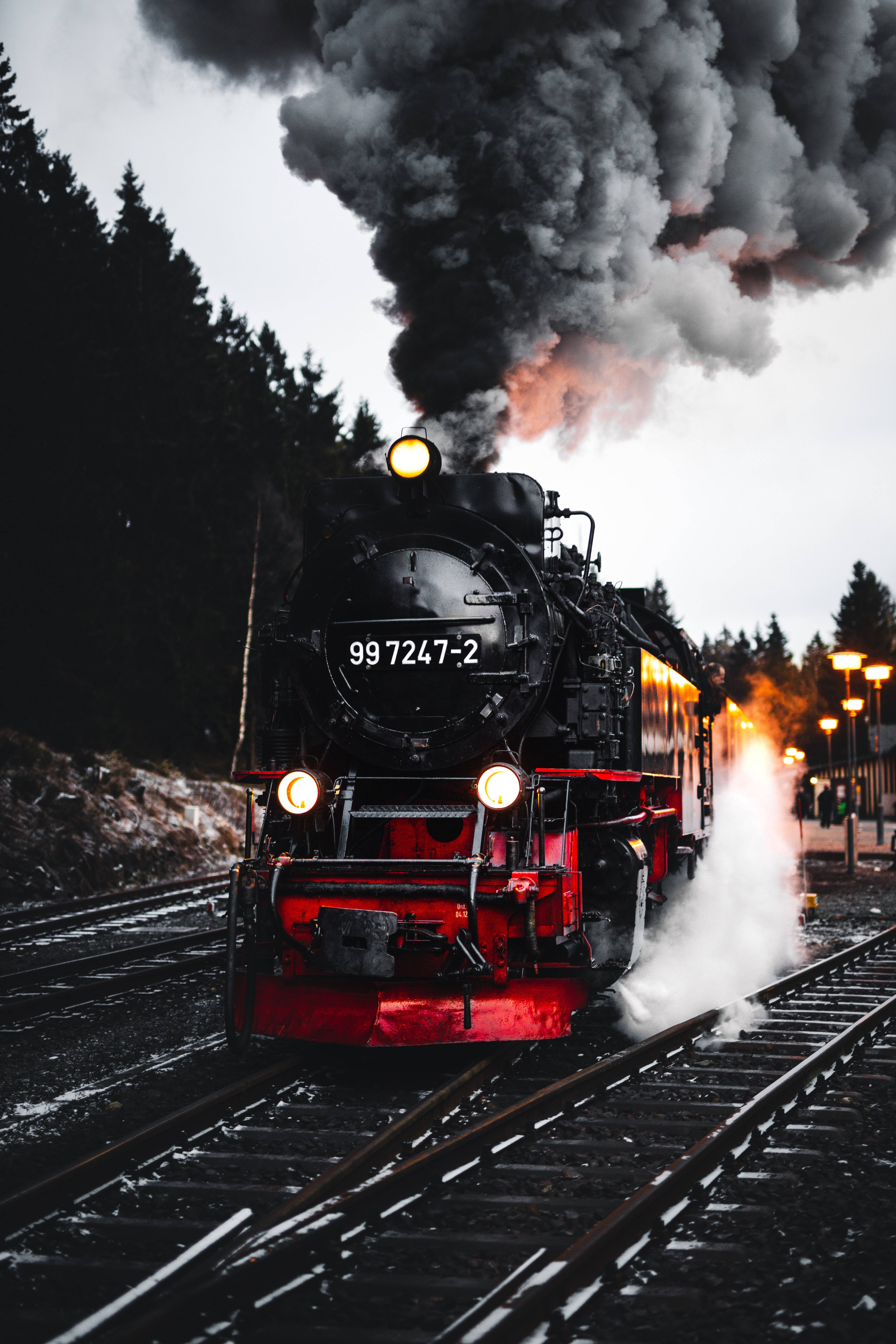 vintage steam train, red accents, snowy forest, 5K Phone Wallpaper
