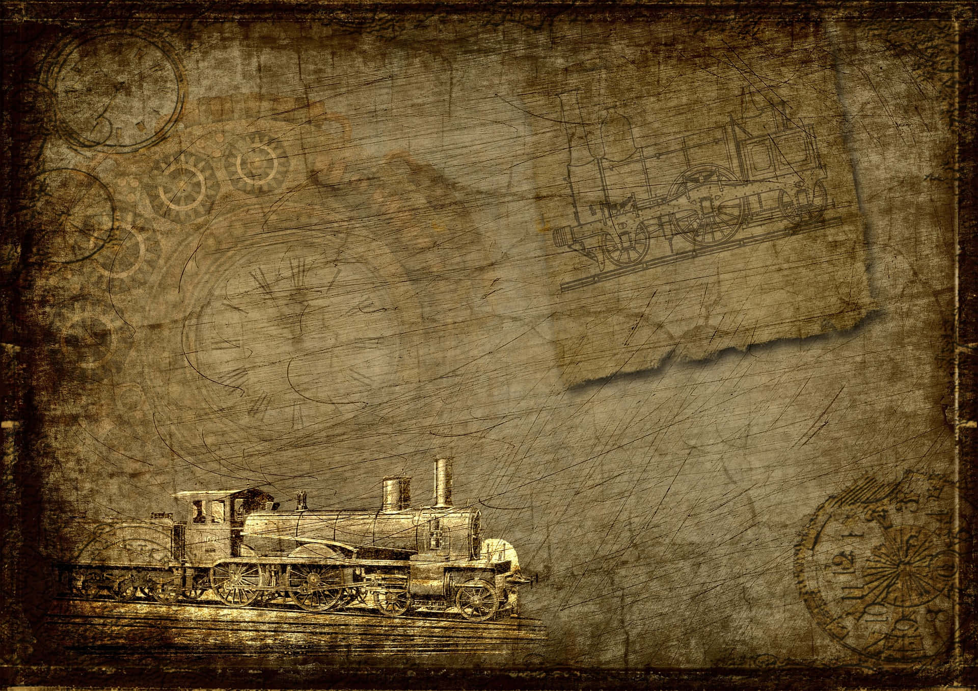 vintage steam locomotive, tracks, aged blueprints, Full HD Desktop Wallpaper