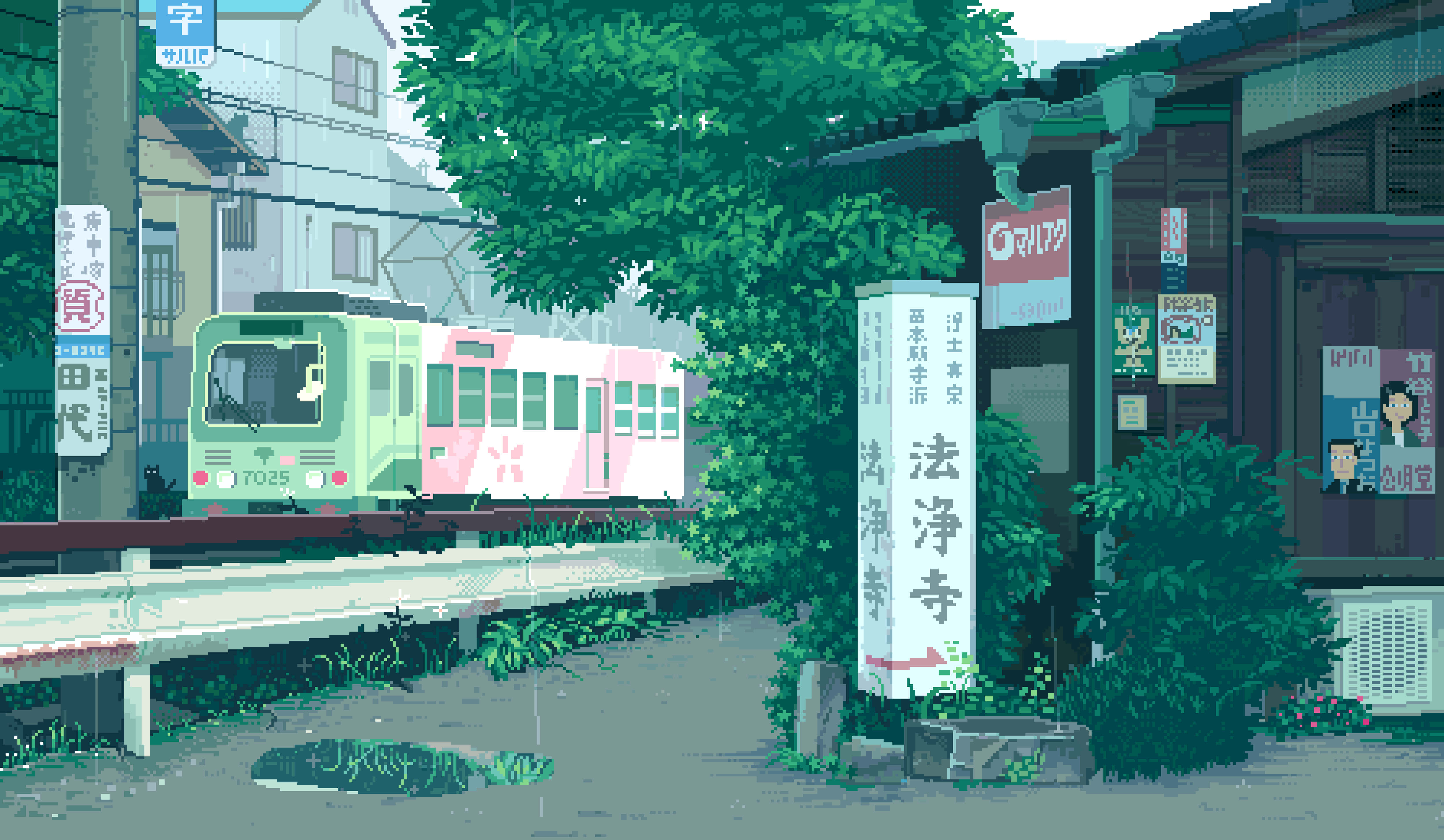 pixel-art train, lush greenery, traditional Japanese signage, 4K Desktop Wallpaper