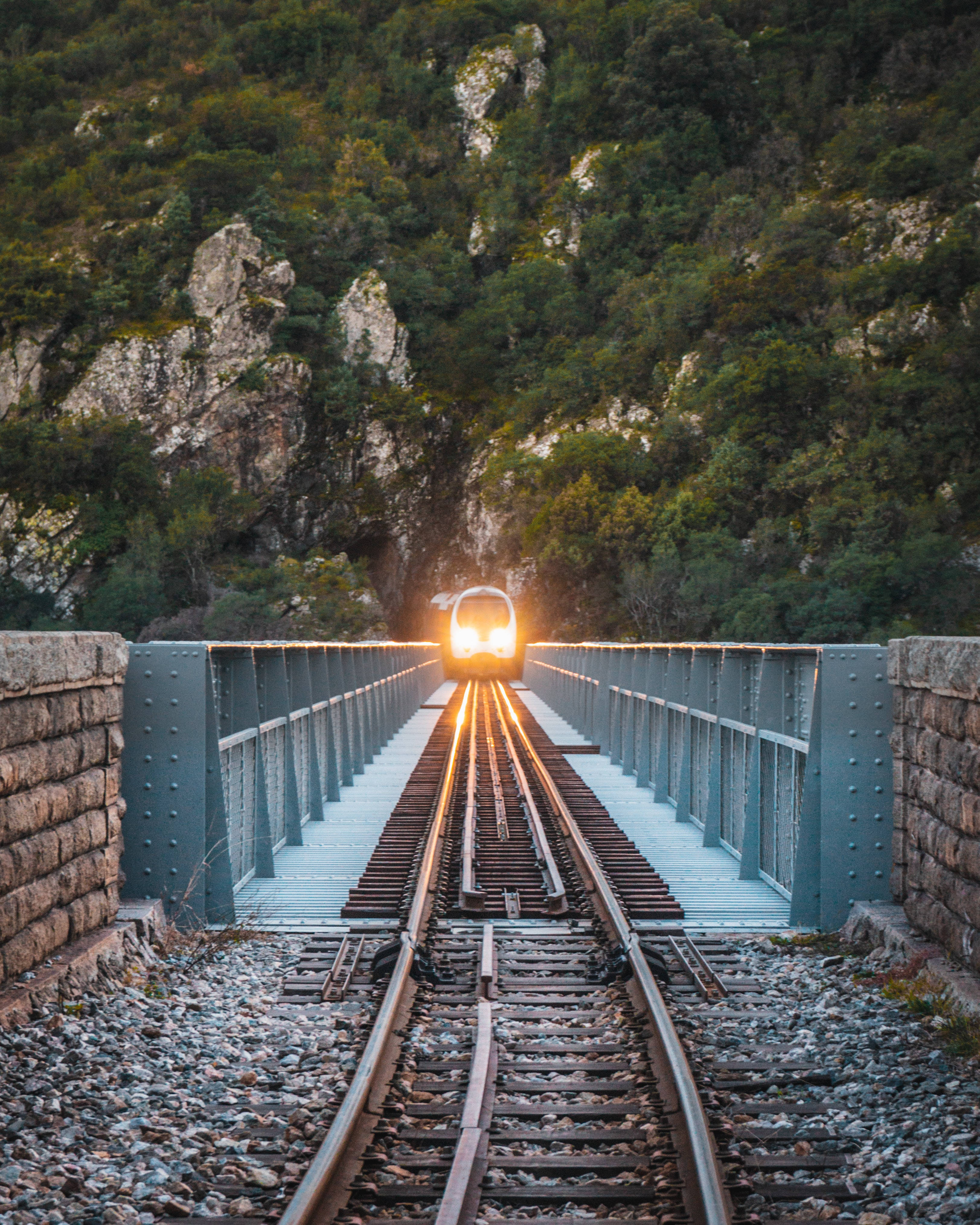 train, steel bridge, lush green mountain valley, 4K Phone Wallpaper