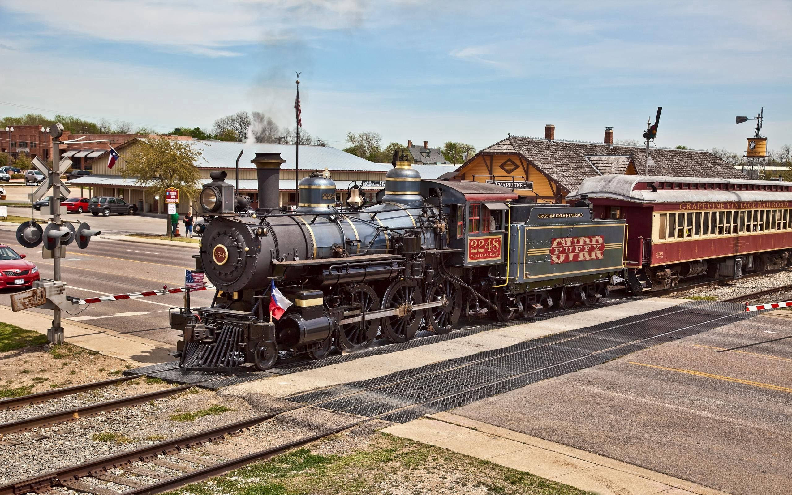 steam locomotive, vintage passenger cars, sunny small town station, 2K Desktop Wallpaper
