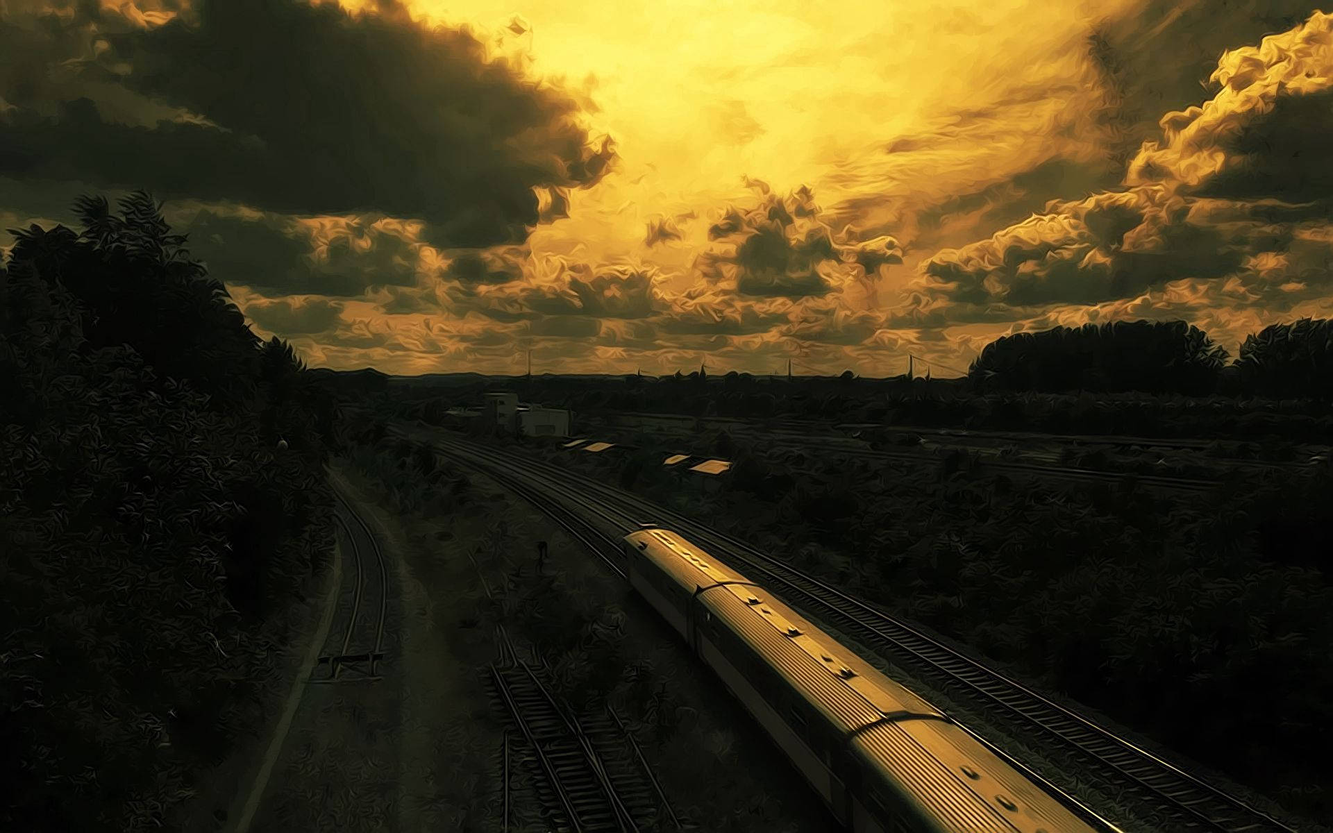 golden train, golden sunset, winding tracks, Full HD Desktop Wallpaper