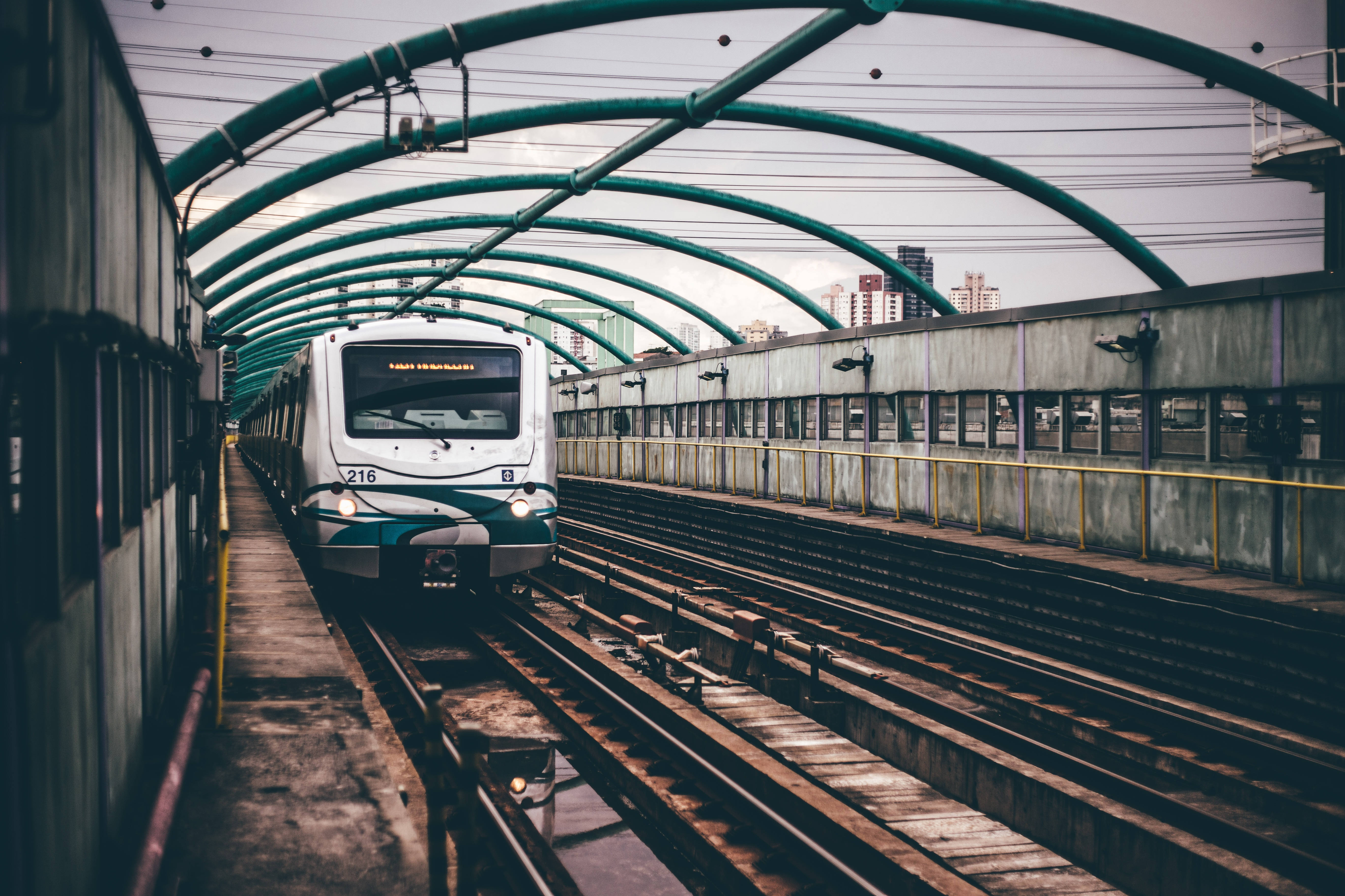 white train, gloomy station, drizzly day, 5K Desktop Wallpaper