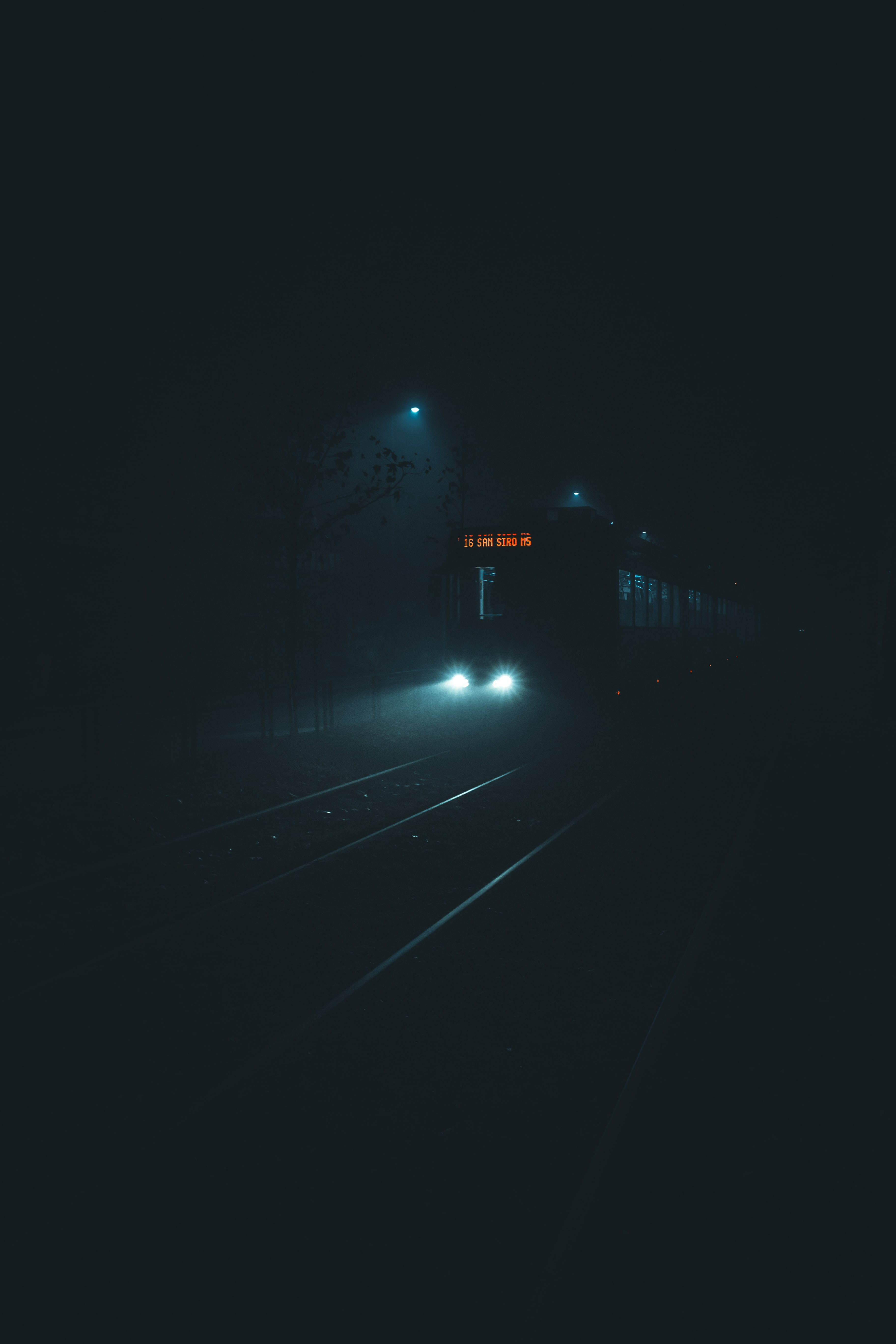 Train, glowing headlights, dense fog, 5K Phone Wallpaper