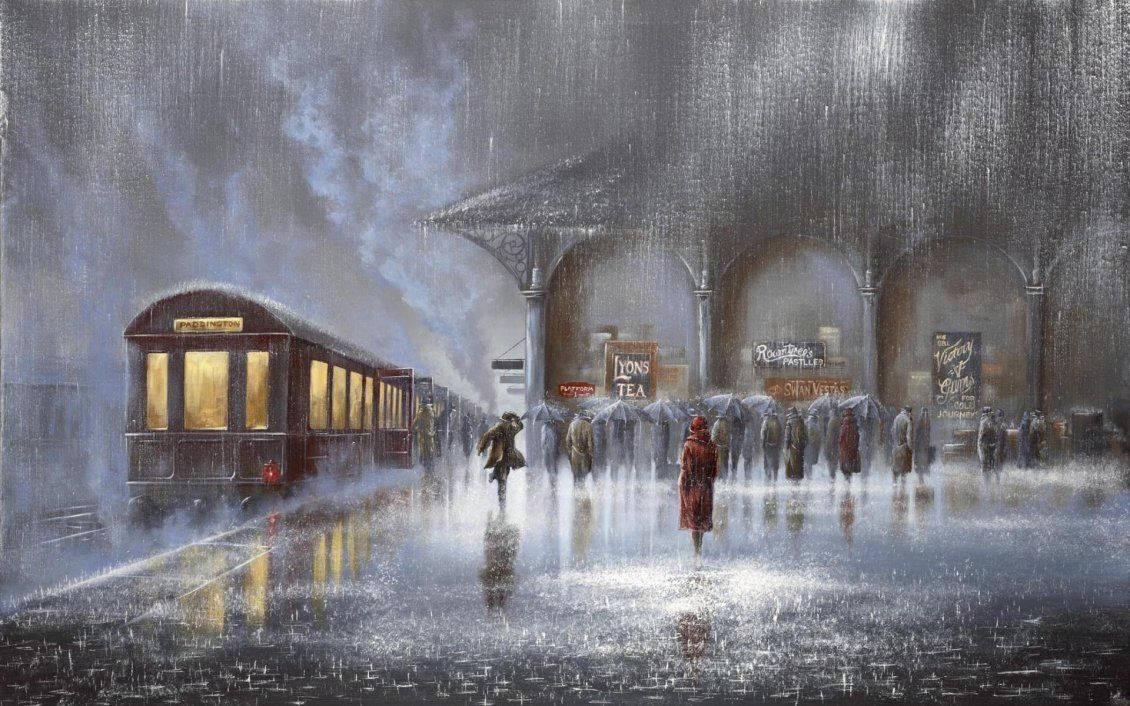 Victorian train station, steam, rain, SD Desktop Wallpaper